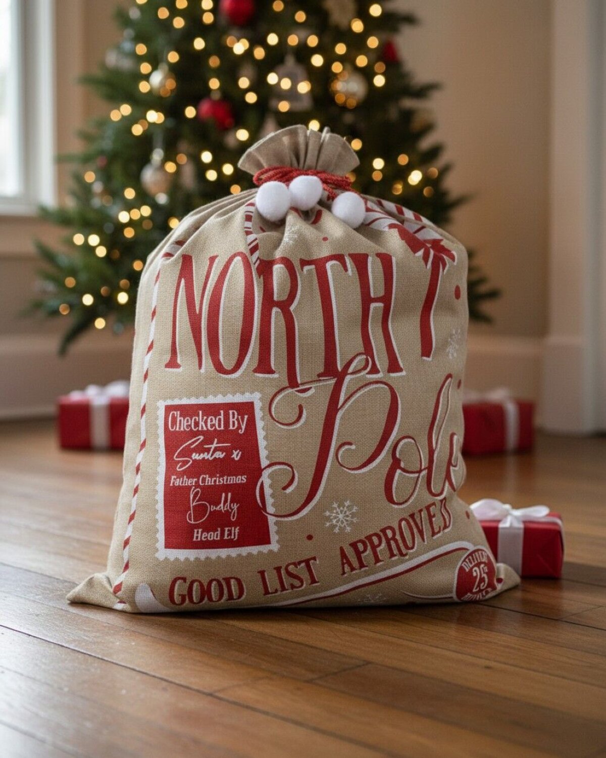 Jute North Pole Good List Approved Checked By Santa & Buddy Gift Sack | 80cm — image 2