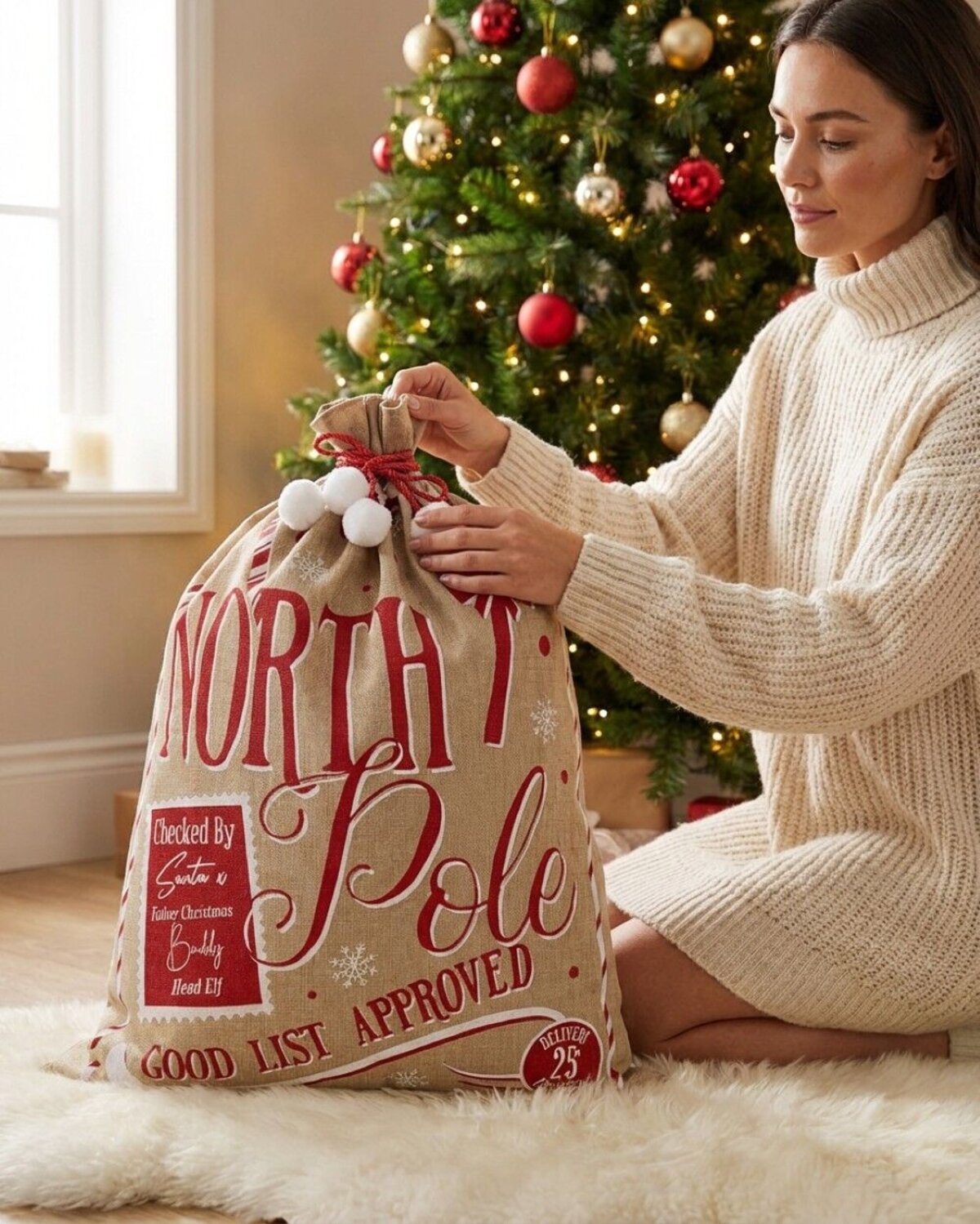 Jute North Pole Good List Approved Checked By Santa & Buddy Gift Sack | 80cm — image 3