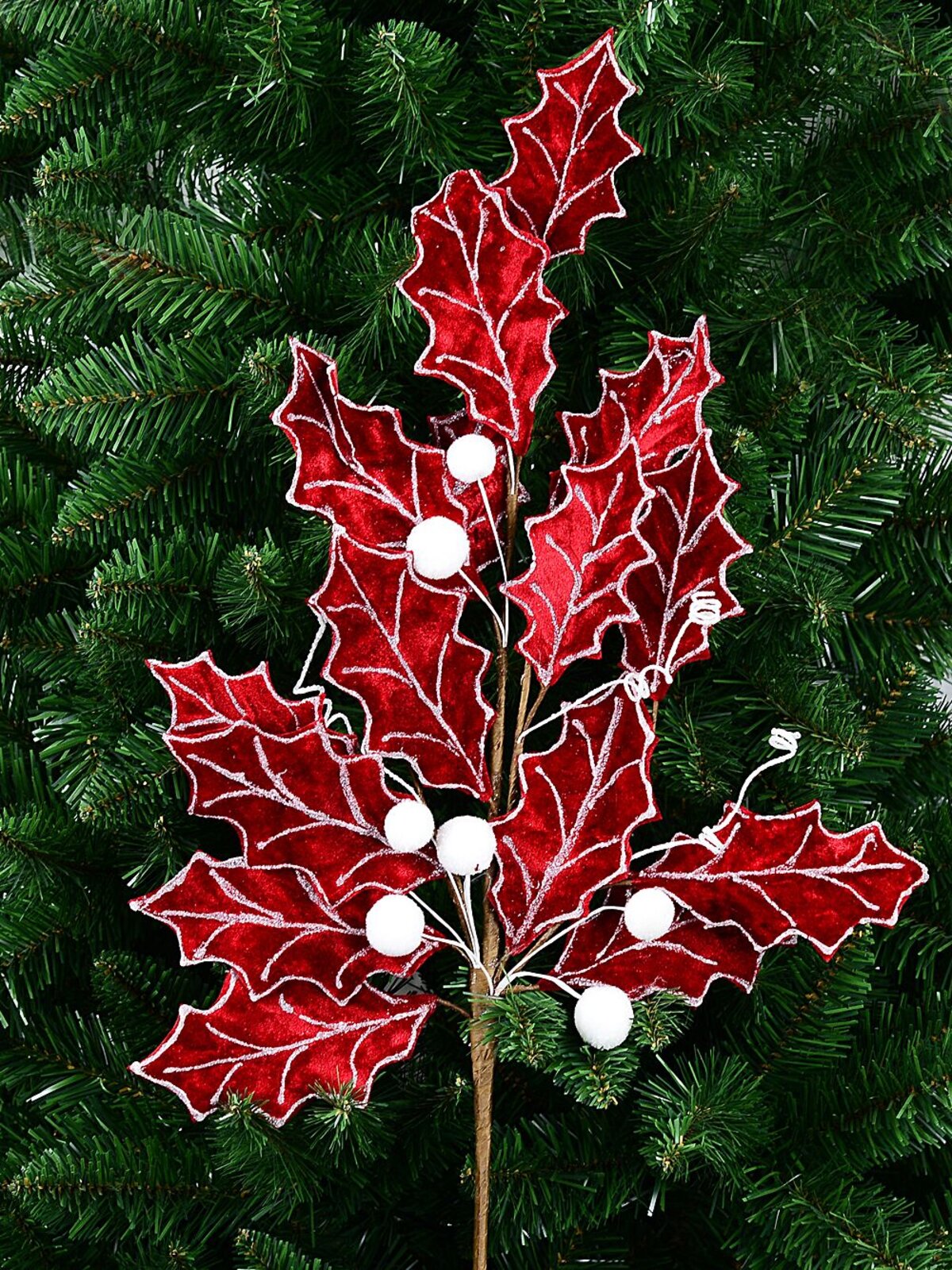 Red Velvet Holly Leaf & Snow Berries Christmas Stem | 80cm — image 3