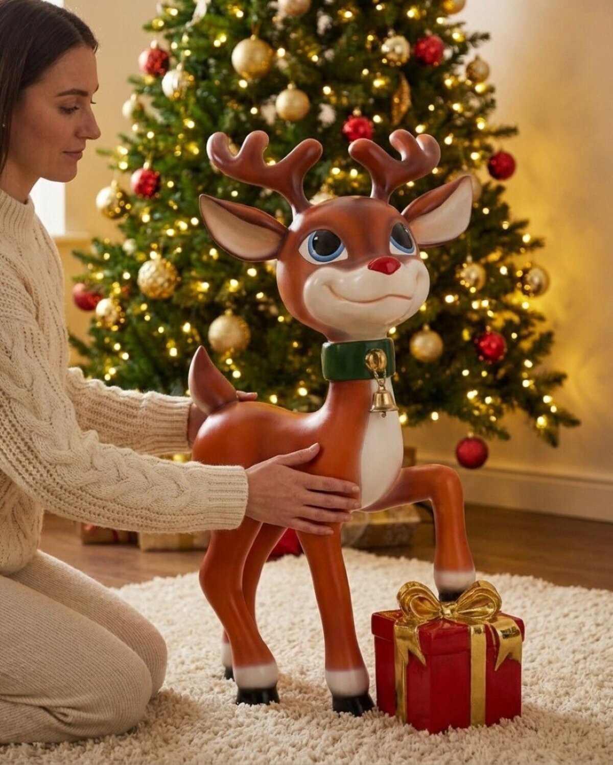 89cm Cute Reindeer Calf With Gift Life Size Resin Christmas Ornament — image 2