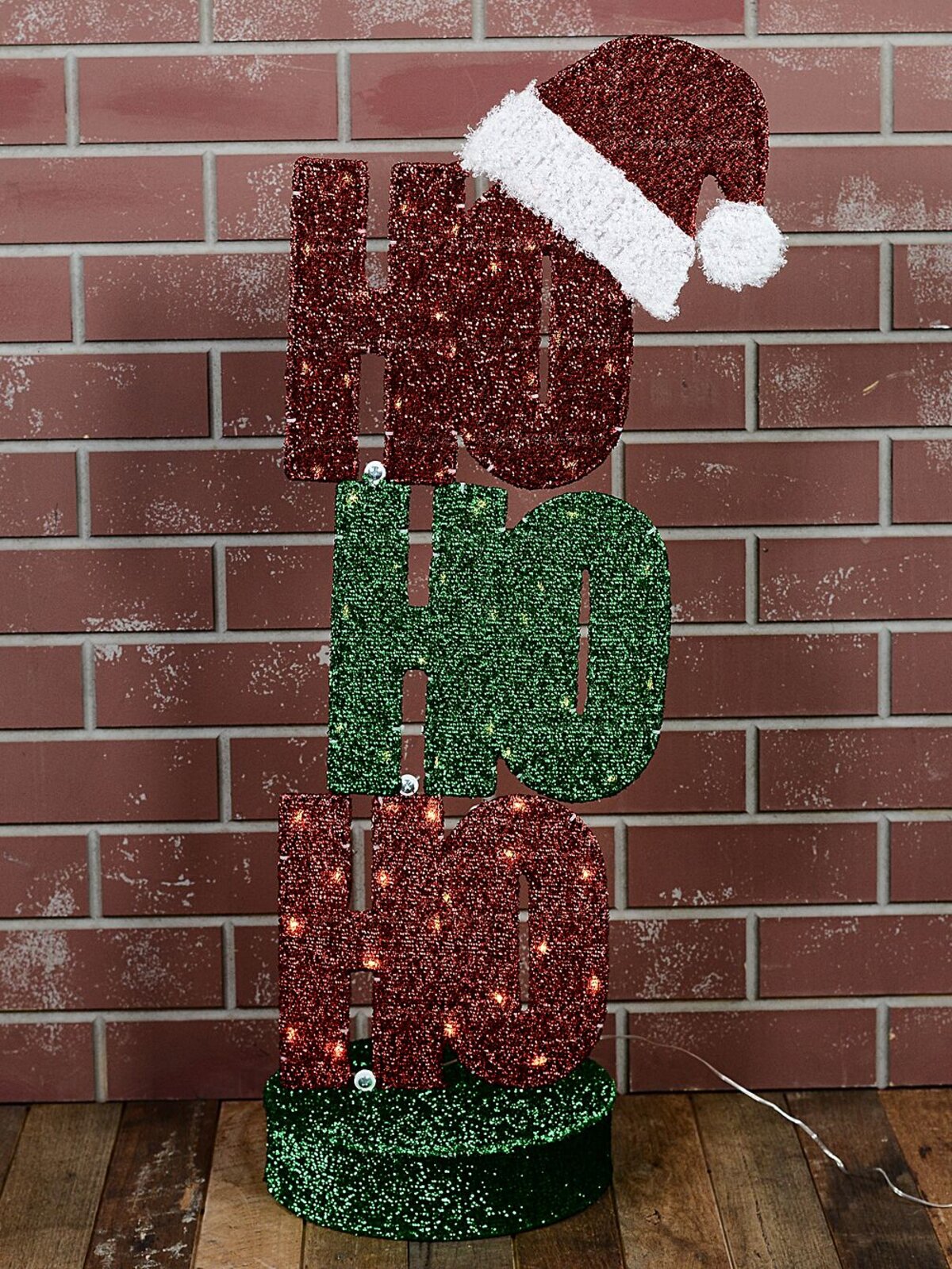 98cm Ho Ho Ho Red & Green Tinsel Mesh With Warm White LED Light Display — image 4
