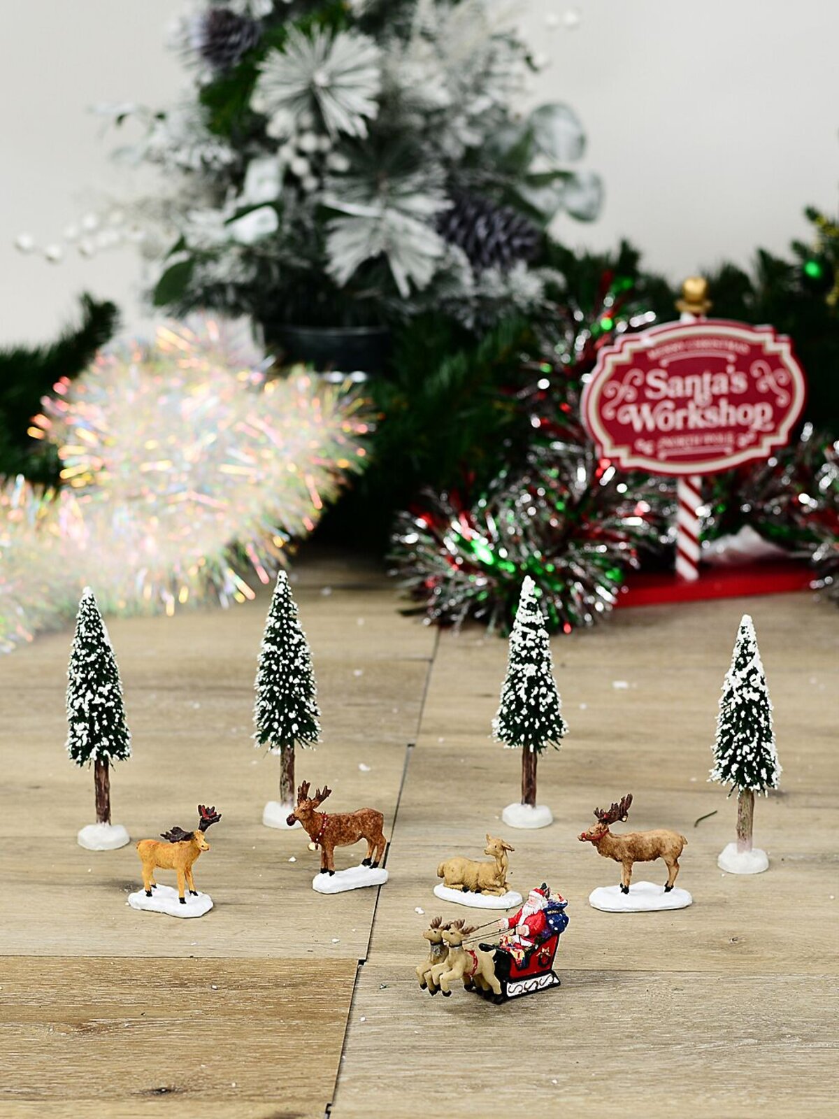 9x Santa & Sleigh With Reindeer, Moose & Trees Village Scene | 14cm Tree — image 2