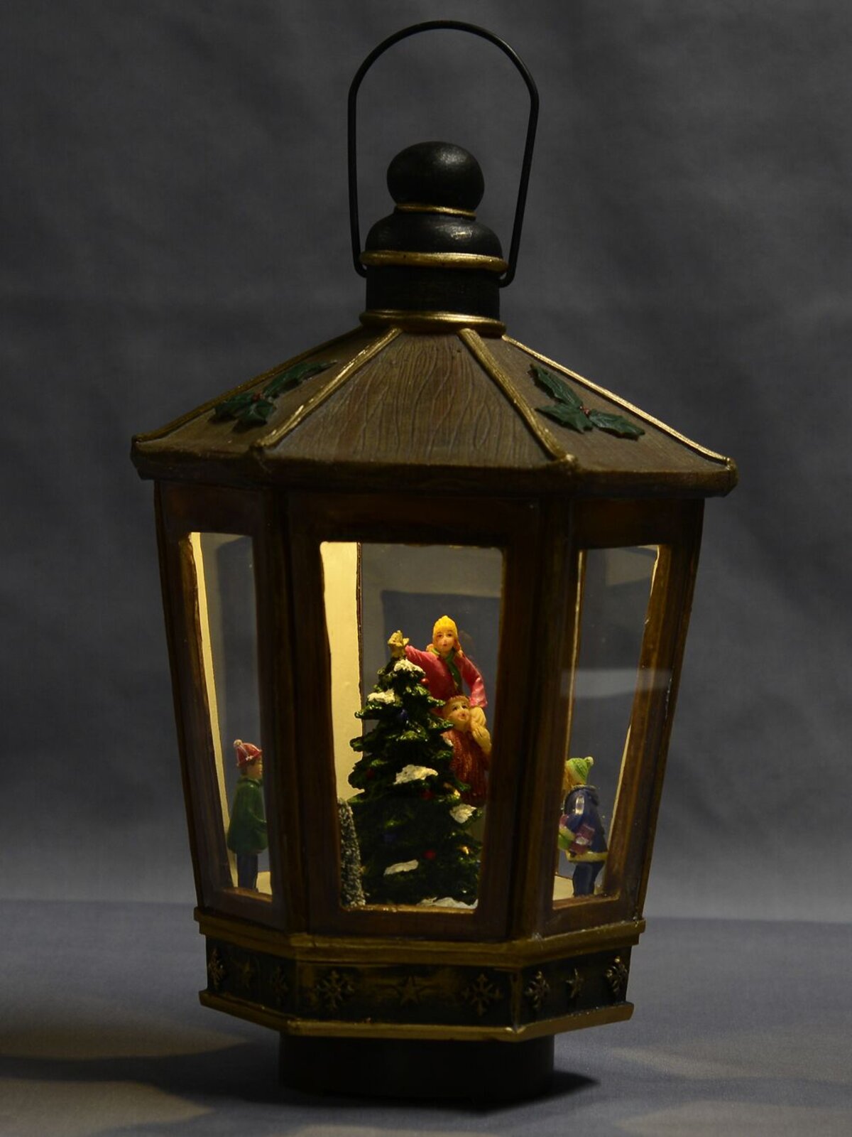 Animated, Musical & Illuminated Brushed Gold Lantern With Scene Inside - 28cm