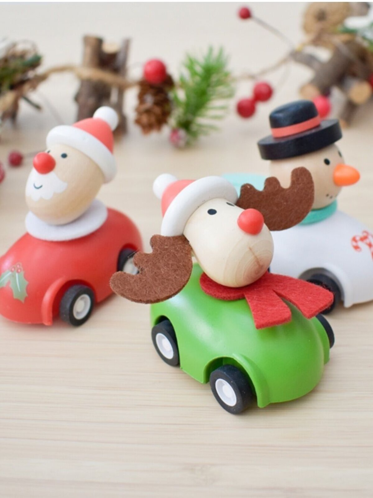 Assorted Wooden Santa, Snowman & Reindeer Christmas Pull Back Cars — image 2
