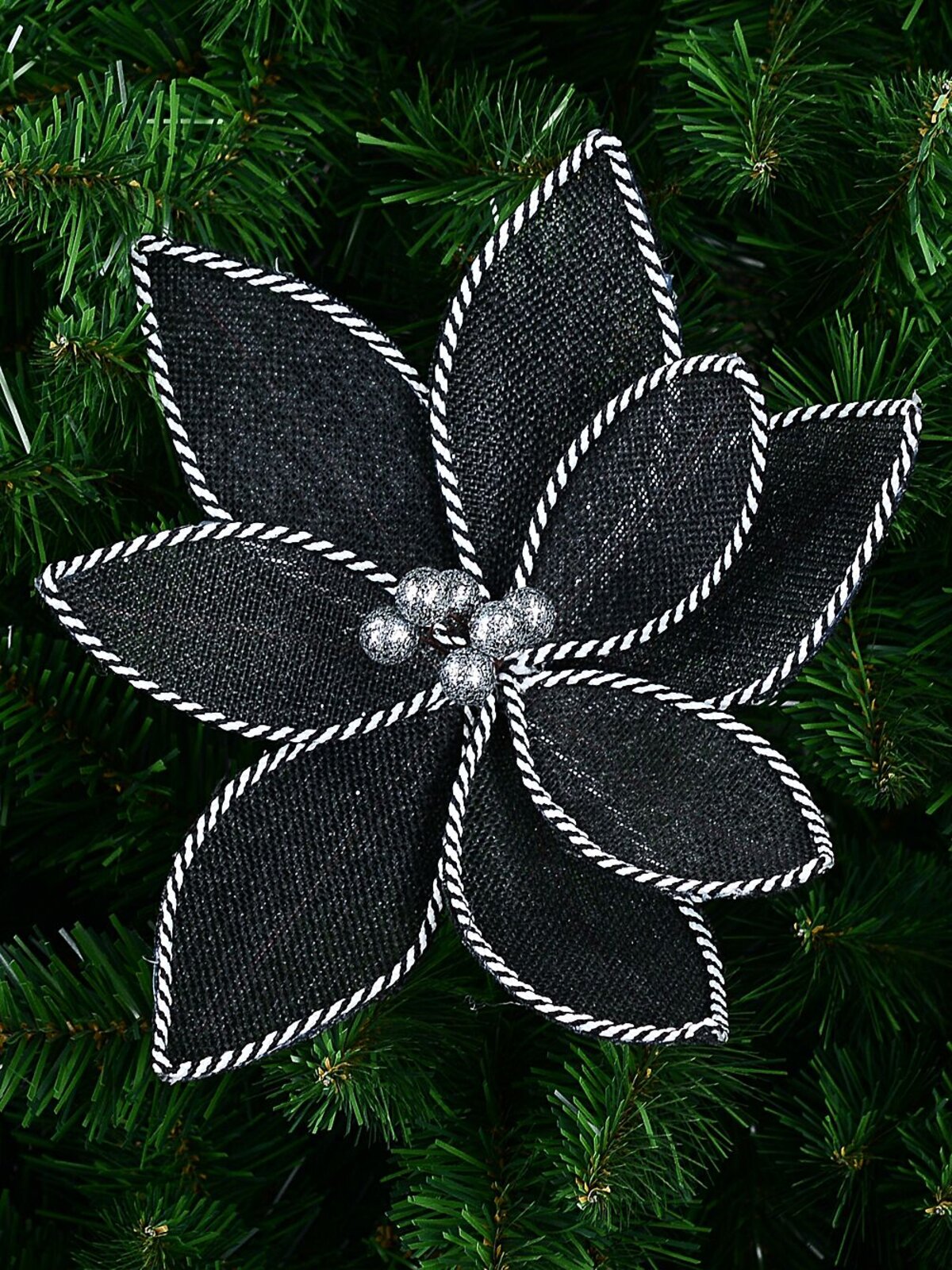 Black Mesh & White Twisted Cord Poinsettia Christmas Tree Clip Pick | 26cm — image 2