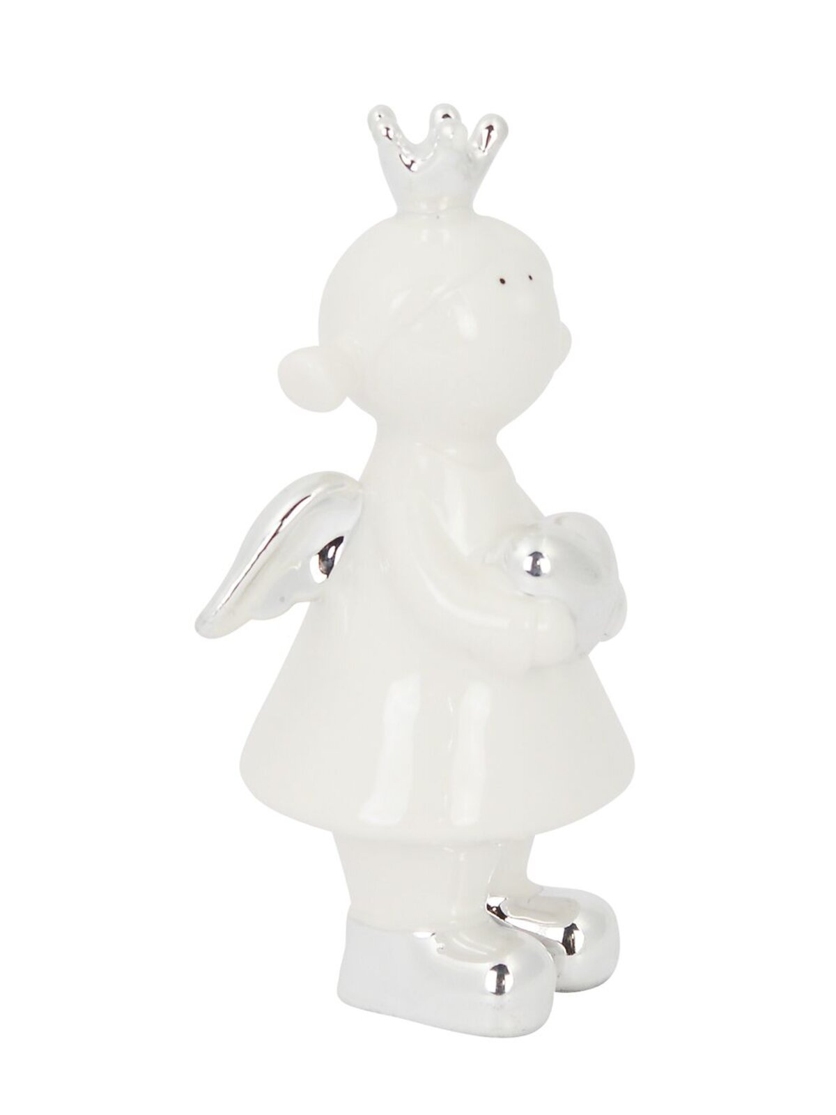 Ceramic Standing Angel Ornament In White Gloss & Silver - 14cm