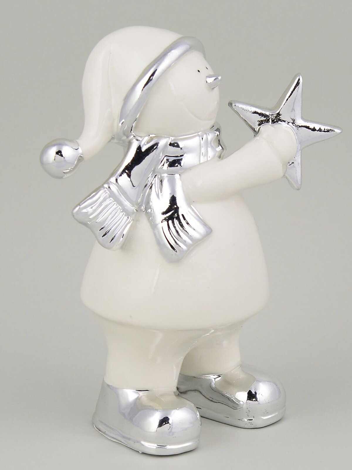 Ceramic White Snowman Holding Silver Star Ornament - 16cm