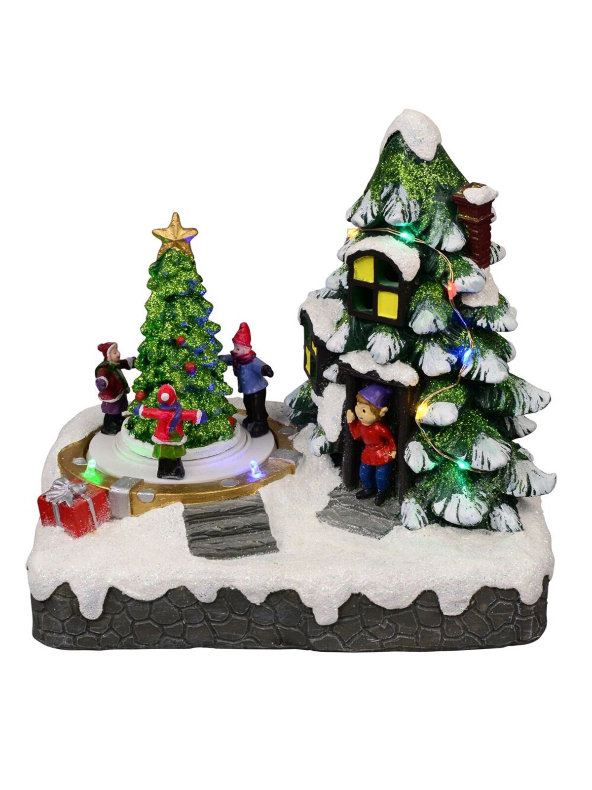 Christmas Tree Scene With Kids & Elf With LED Lights & Animated Tree - 19cm — image 2