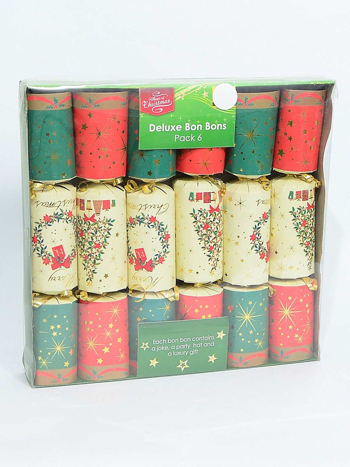 Christmas Tree & Wreath Pattern White Christmas Cracker Bon Bons - 6 x 34cm