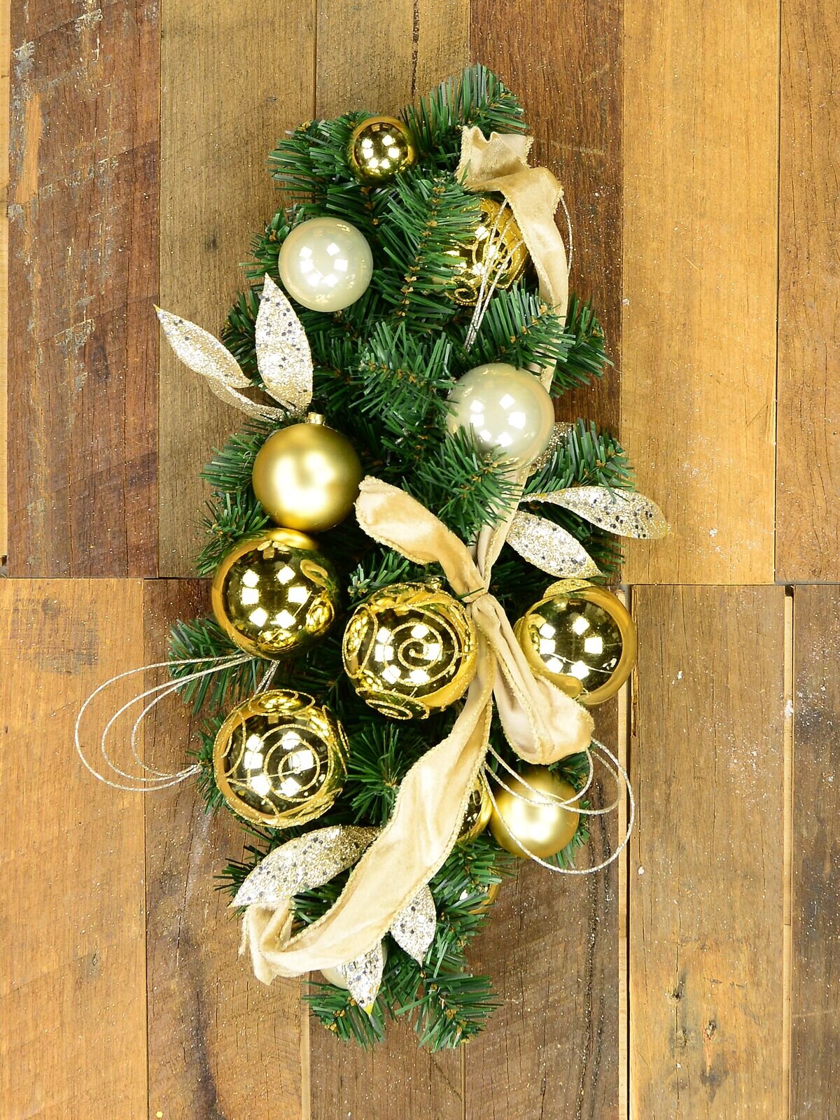 Decorated Gold & Champagne Bauble & Leaf Stem Pine Centrepiece - 60cm