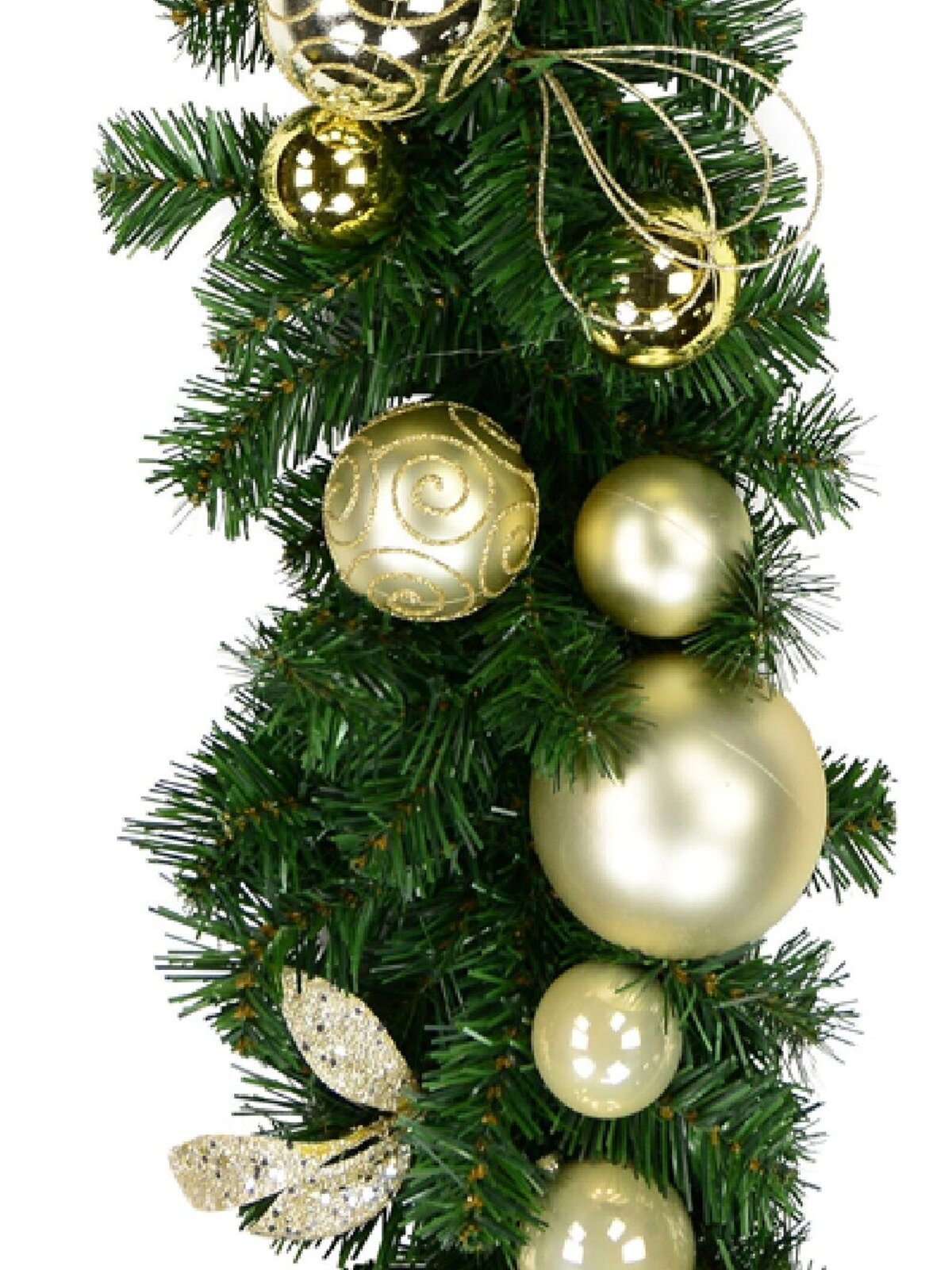 Decorated Gold & Champagne Bauble & Leaf Stem Pine Christmas Garland - 2.7m