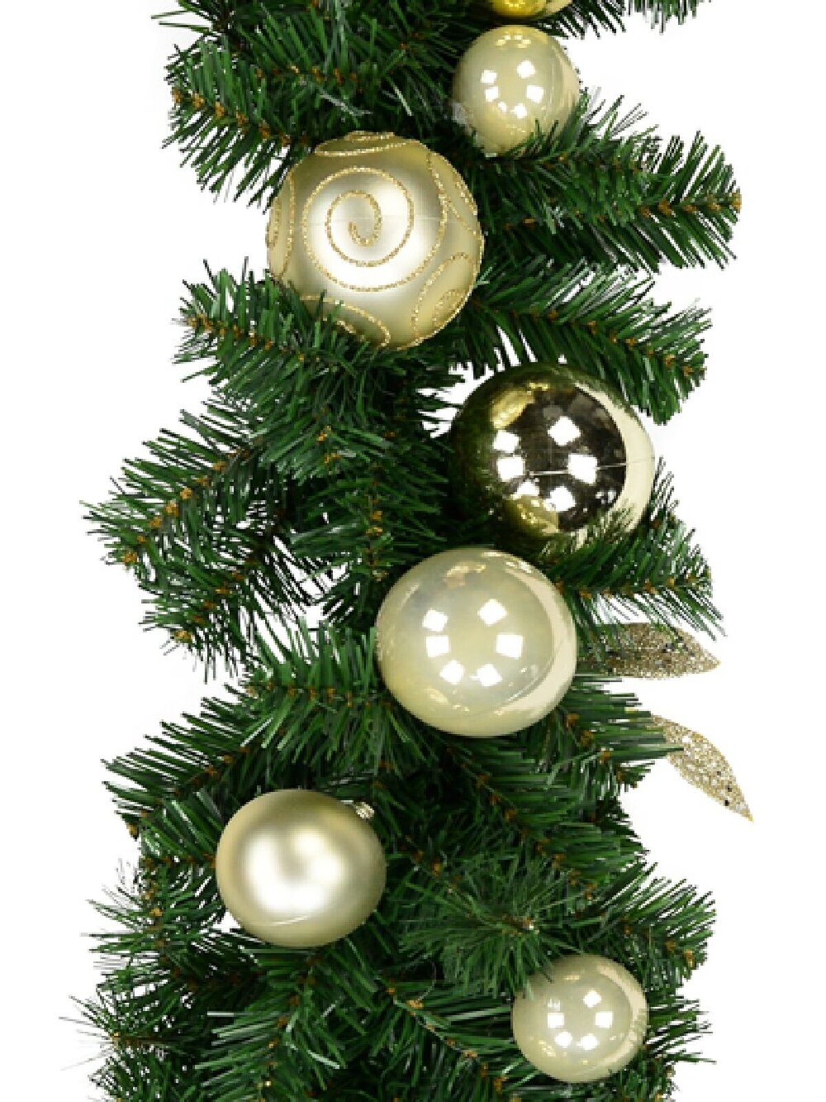 Decorated Gold & Champagne Bauble & Leaf Stem Pine Christmas Garland - 2.7m