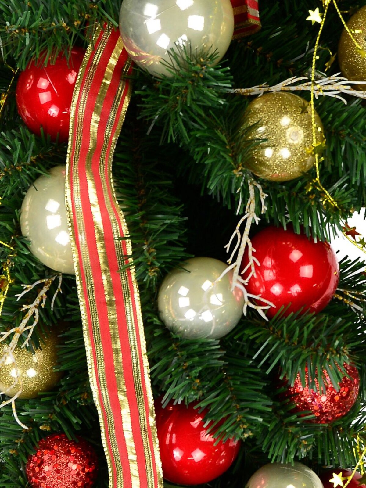 Decorated Red & Gold Bauble, Ribbon & Twigs Pine Teardrop Swag - 90cm
