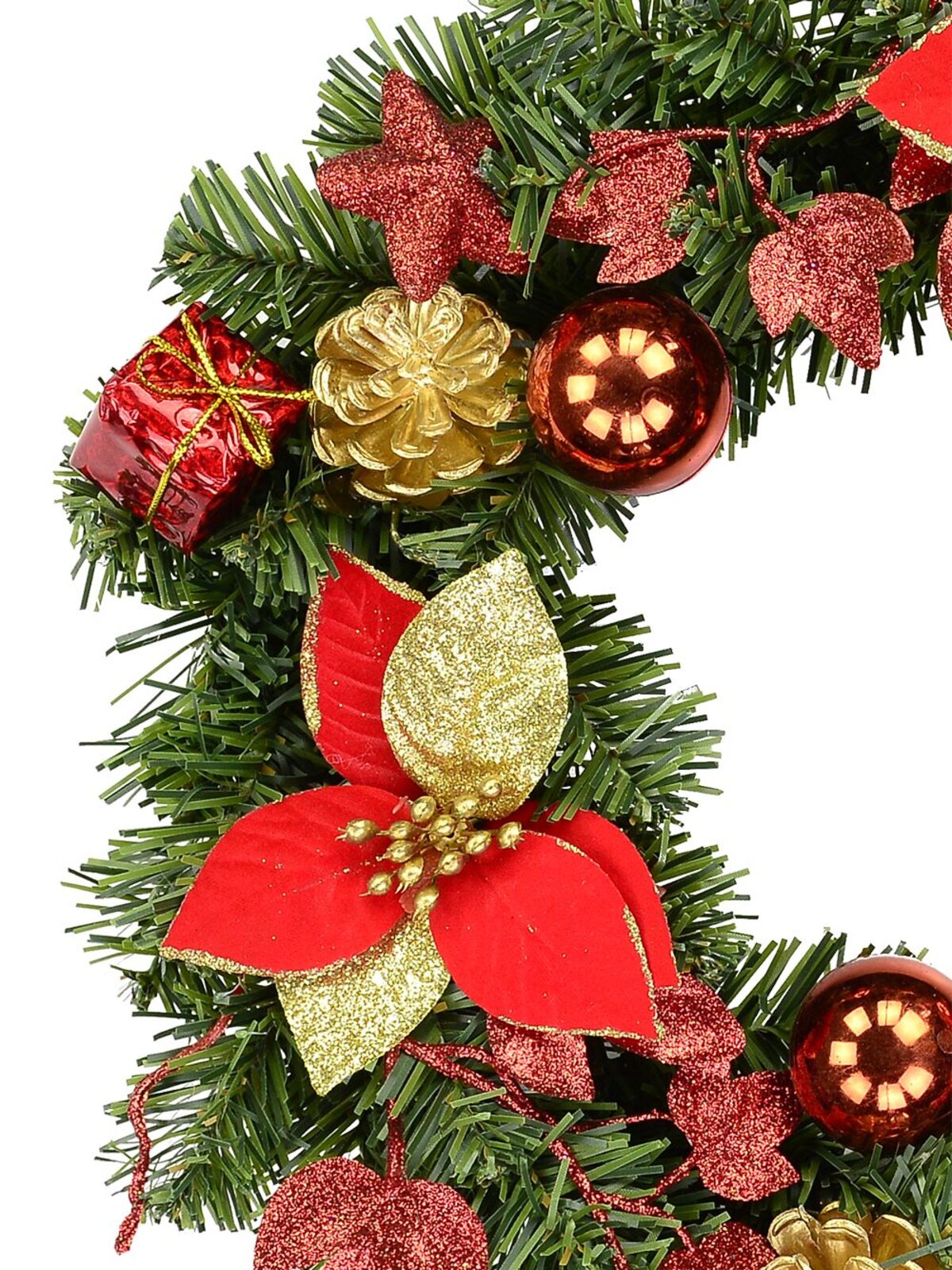 Decorated Red, Green & Gold Mixed Foliage & Floral Pine Wreath - 35cm