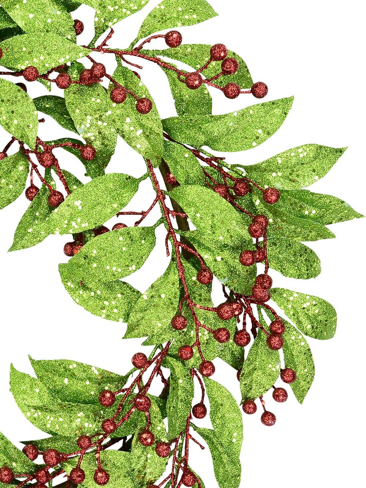 Glittered Bare Wreath With Green Leaves & Red Berries - 77cm
