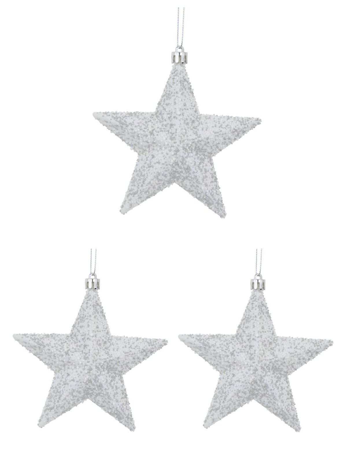 Glittered & Textured White Star Christmas Tree Hanging Decorations - 3 x 13cm