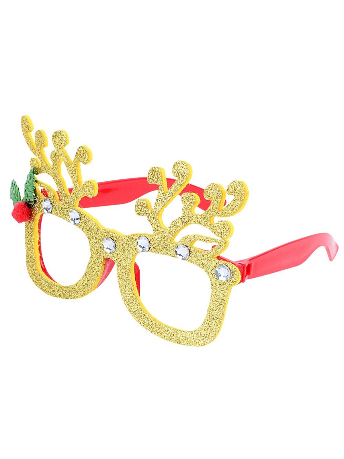 Gold Glitter Reindeer Antler Glasses With Diamante & Holly | One Size Fits Most