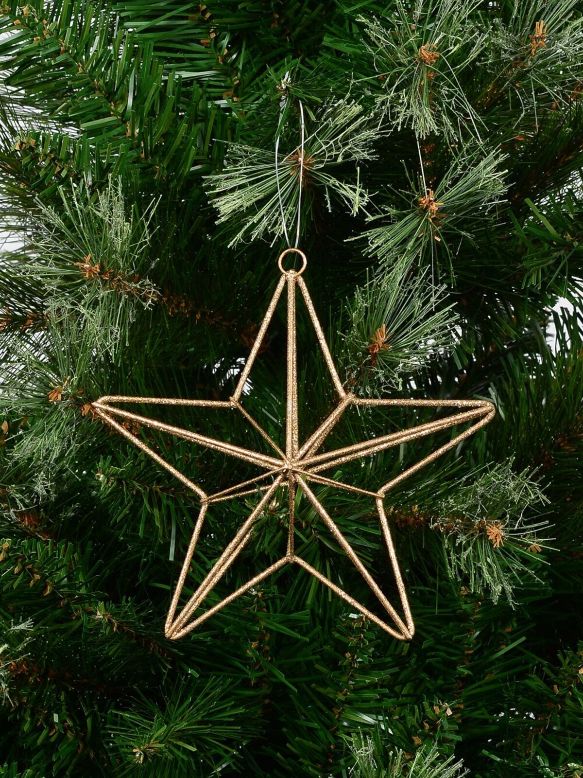 Gold Glittered 3D Wire Framed Five Point Star Hanging Decoration - 16cm
