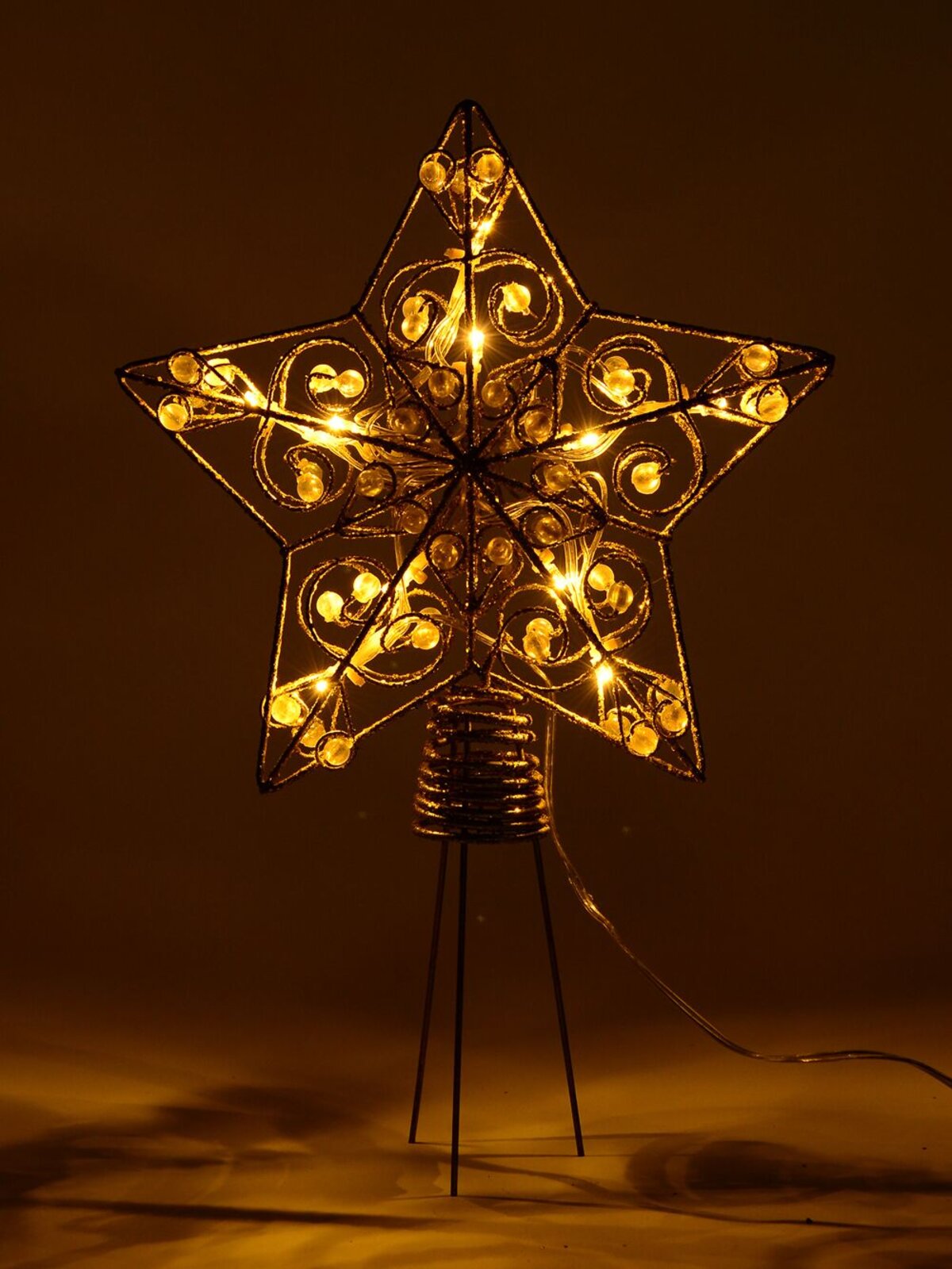 Gold Star With Beads Illuminated Warm White Tree Topper Ornament - 21cm — image 3