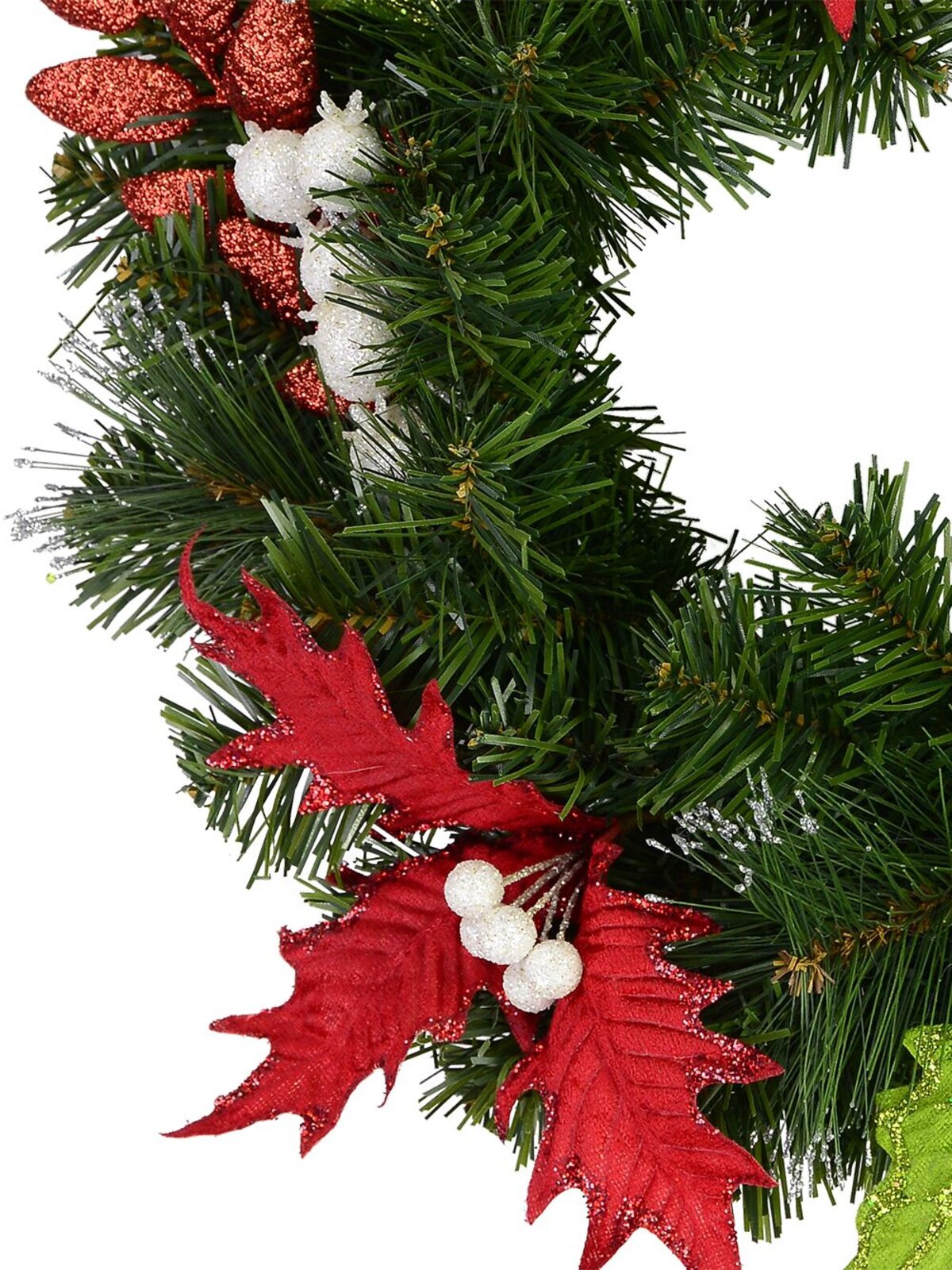 Green Pre-Decorated Wreath With Red & Green Leaves & White Berries - 47cm