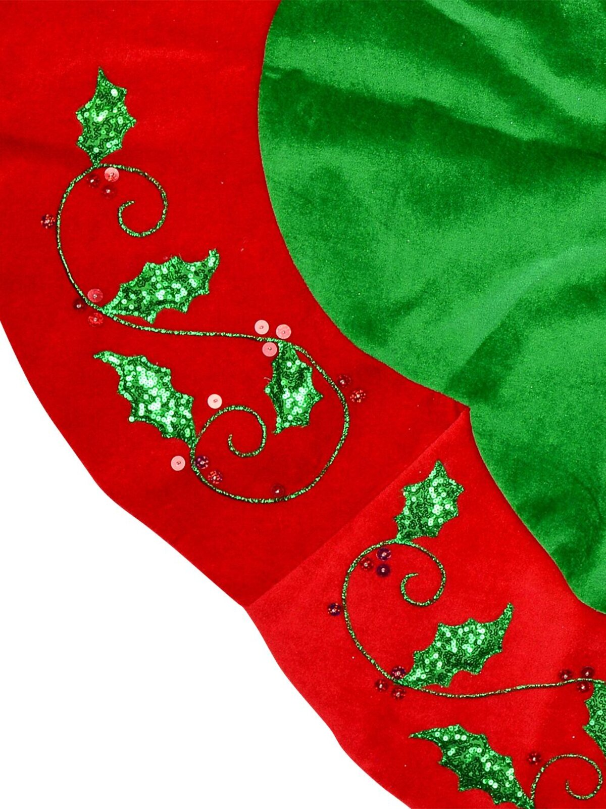 Green & Red Velvet With Holly Leaf Design Christmas Tree Skirt - 1.2m