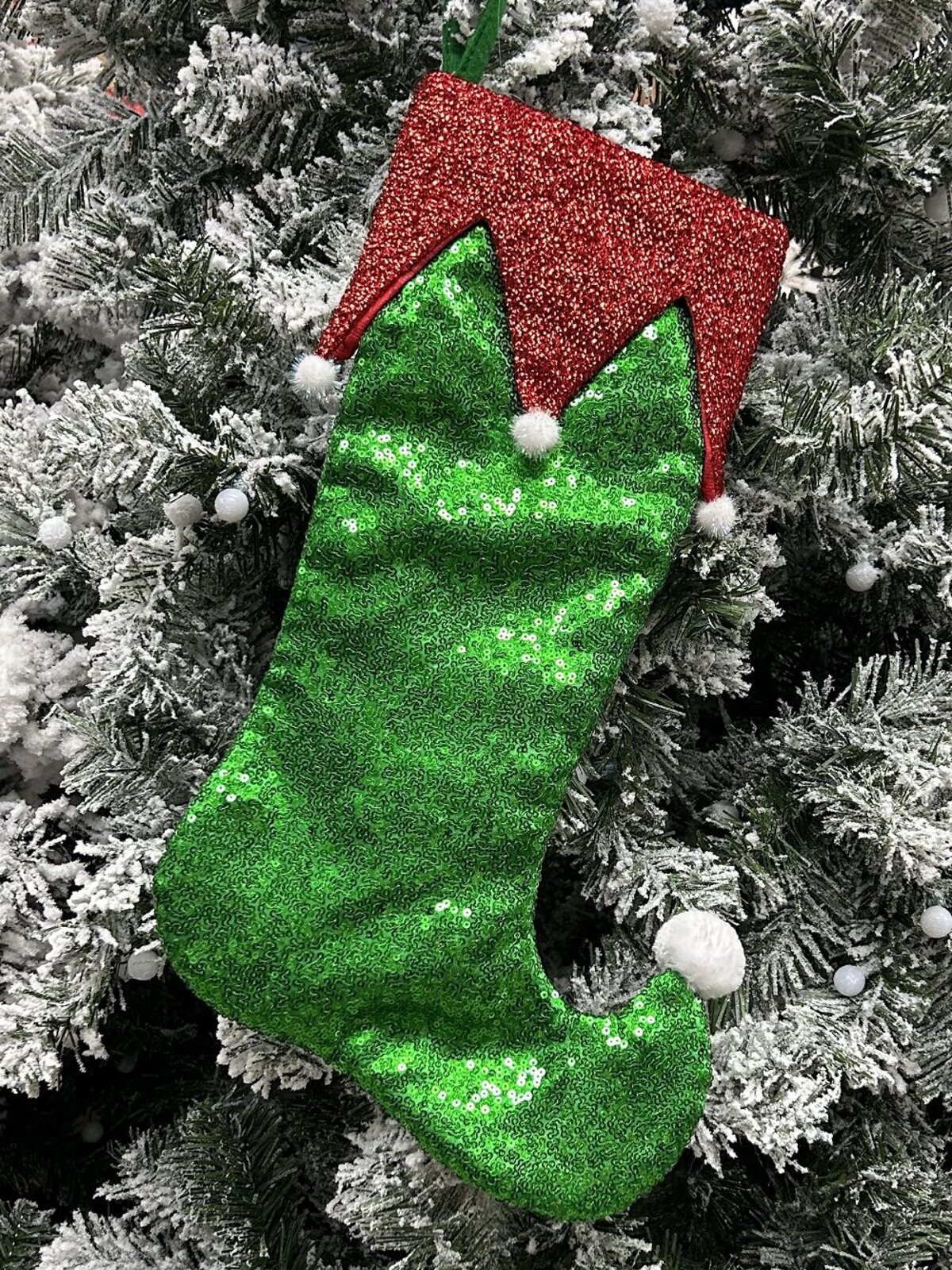 Green Sequin Elf Jester Christmas Stocking With Red Metallic Cuff | 43cm — image 2