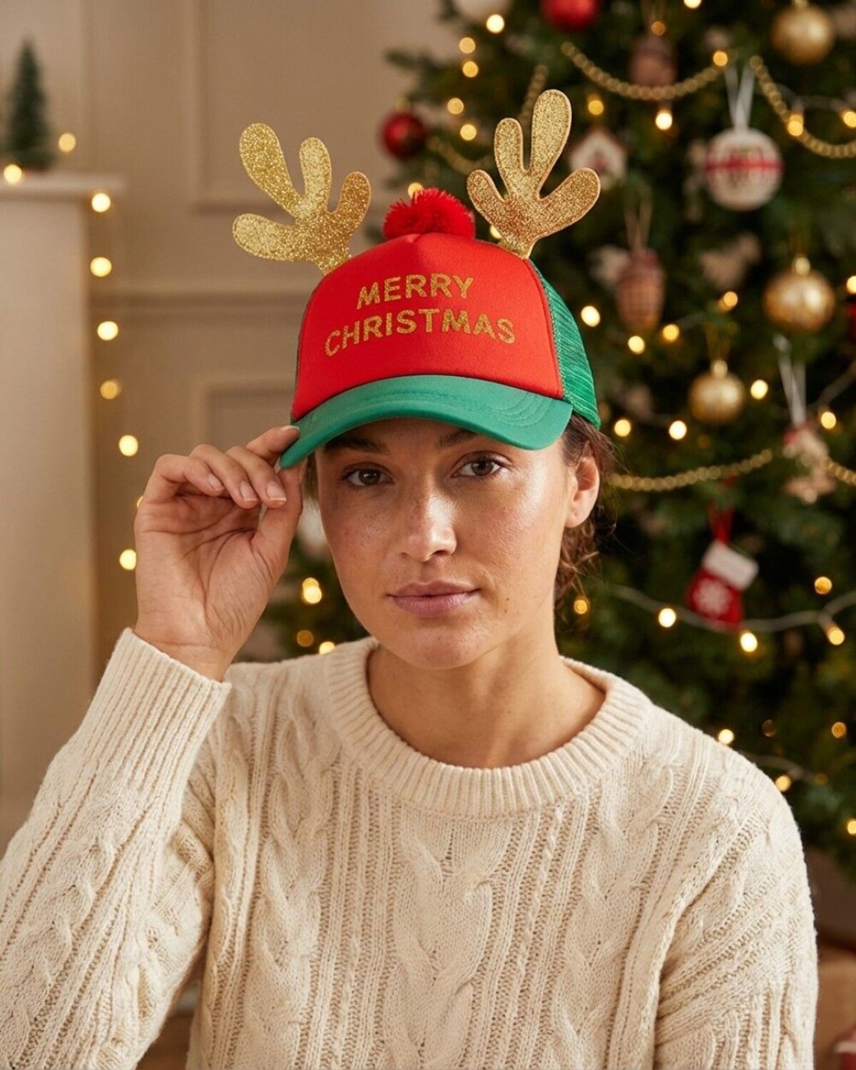 Green With Red Merry Christmas Reindeer Antler Cap | Adjustable Snapback — image 3