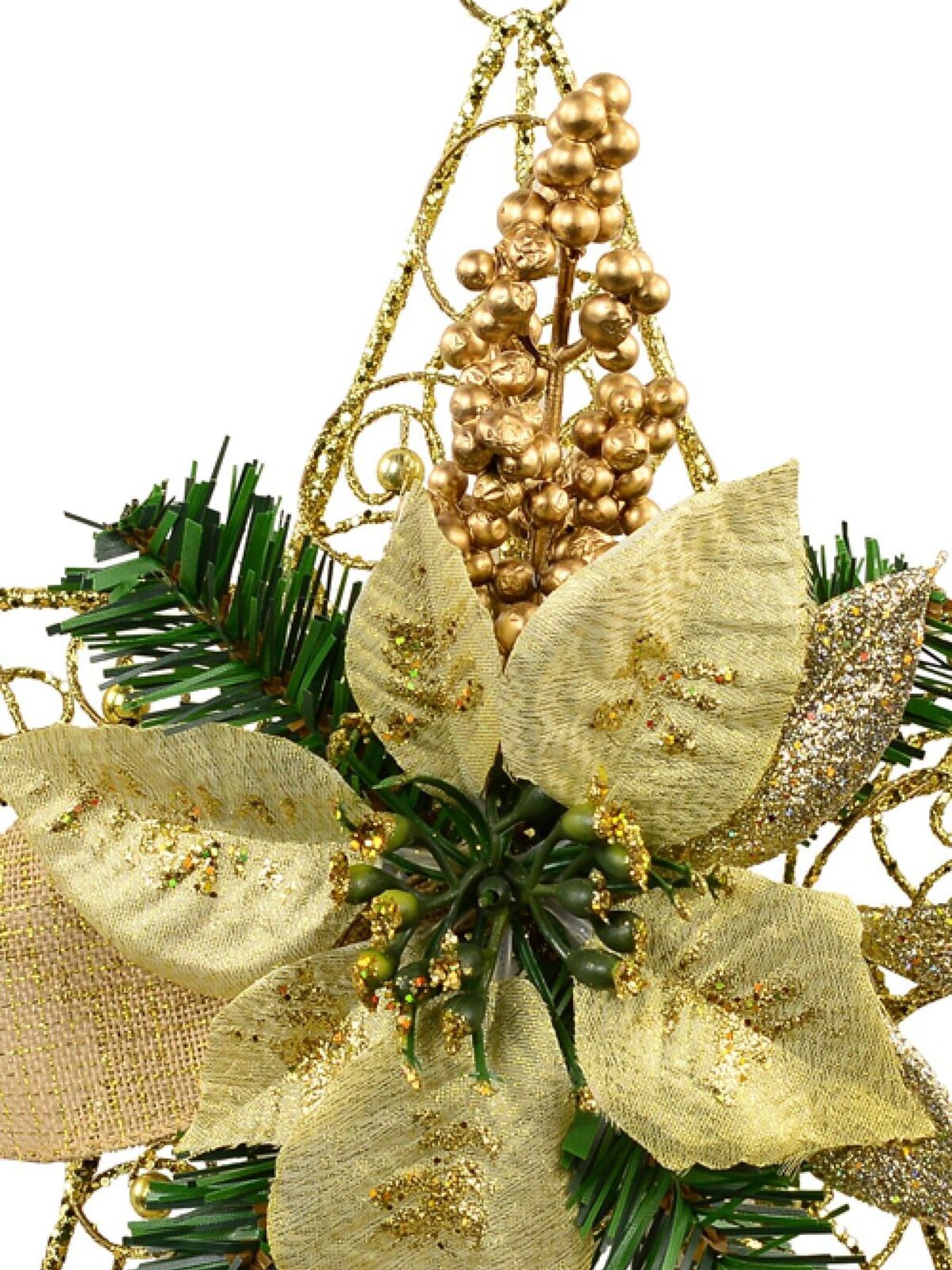 Hanging Decorative 3D Metal Wire Star With Pine & Poinsettia Ornament - 30cm — image 2