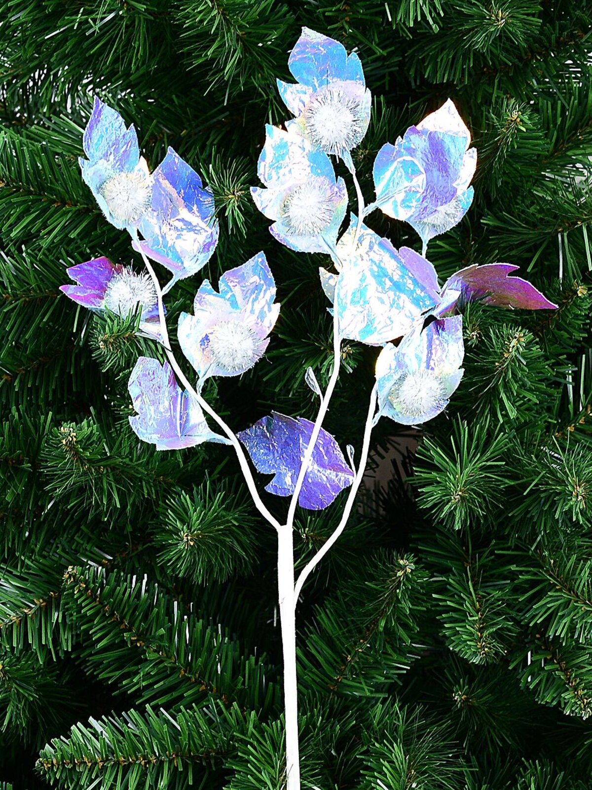 Iridescent Blue Hawthorn Like Leaf Spray Long Christmas Tree Clip Stem | 50cm — image 2