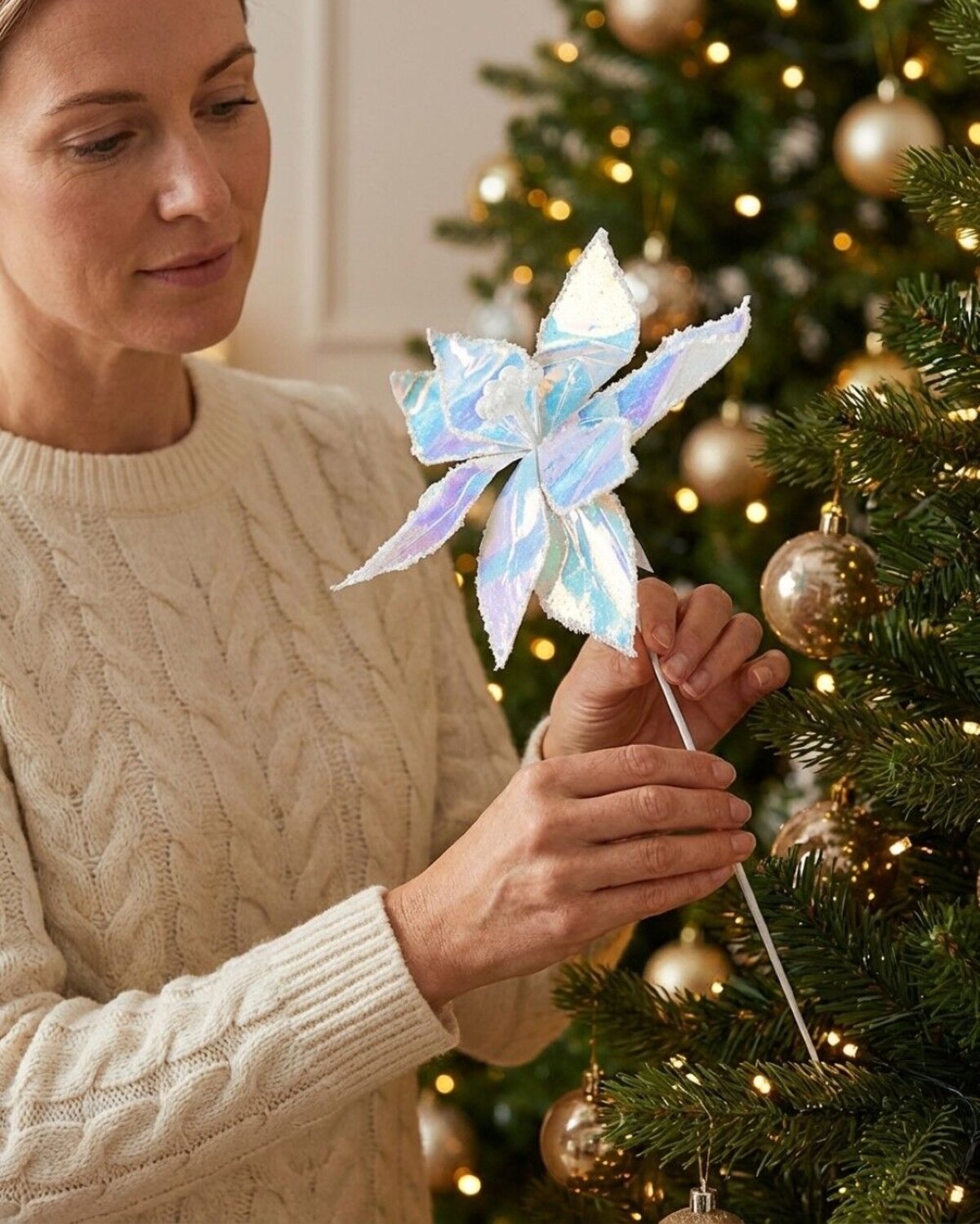 Iridescent Glossy & Sequin Poinsettia Long Christmas Stem | 55cm — image 2