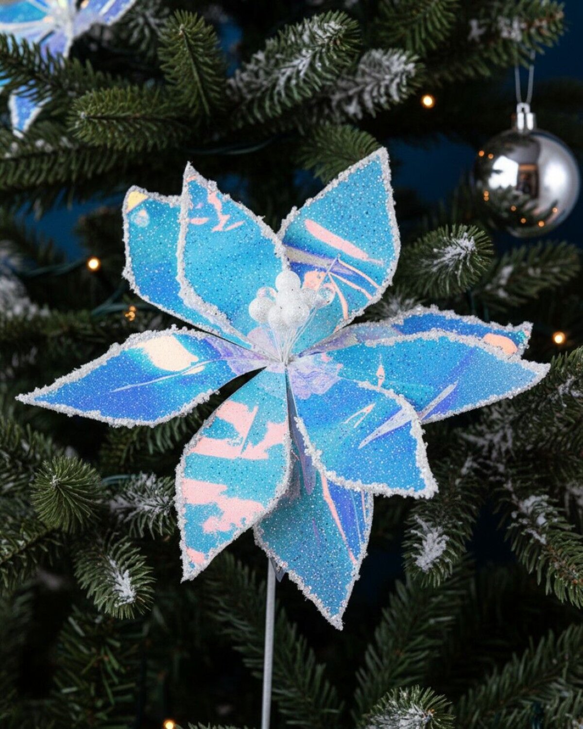Iridescent Glossy & Sequin Poinsettia Long Christmas Stem | 55cm — image 3