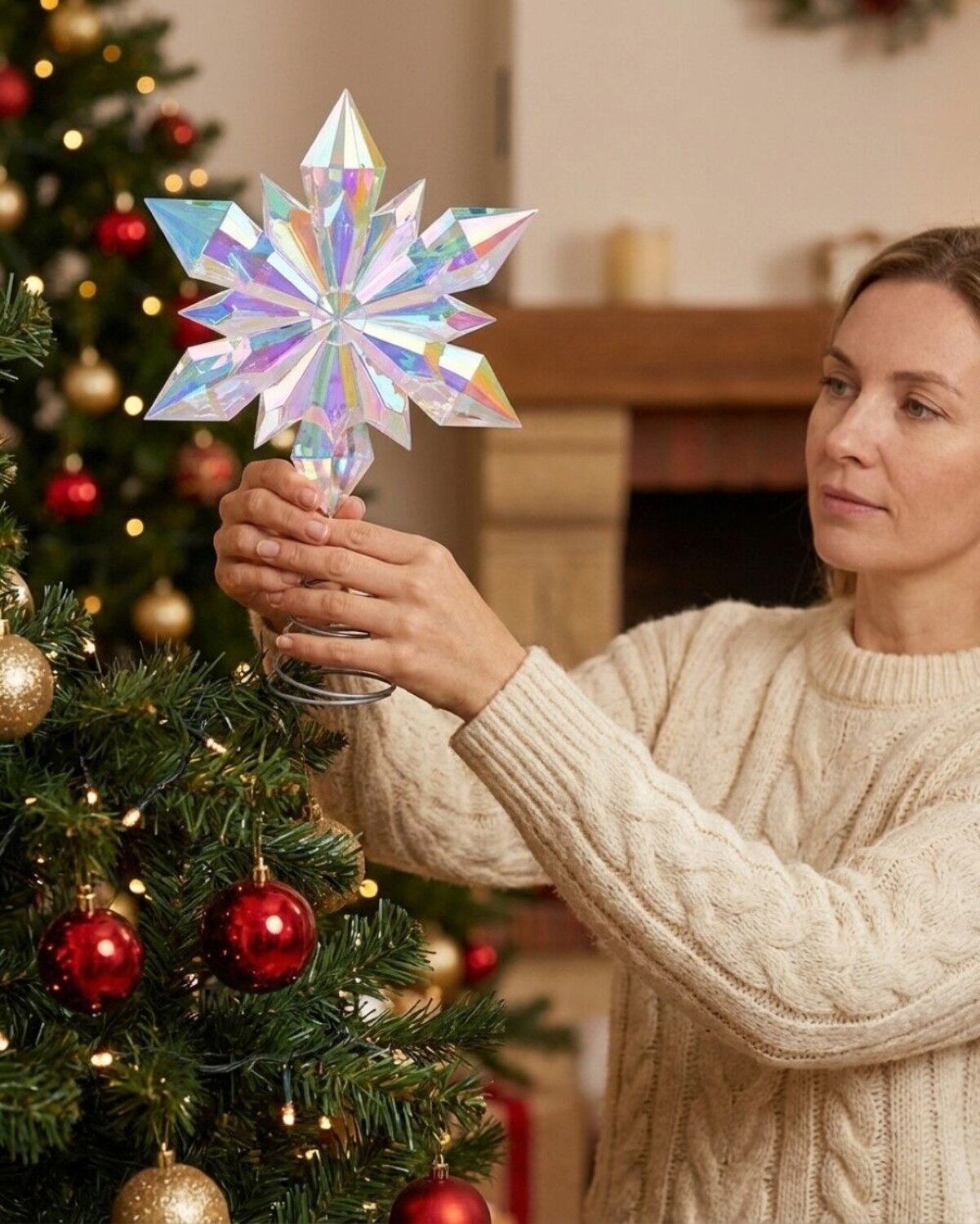 Large Clear Iridescent Star Snowflake Christmas Tree Topper | 32cm — image 2
