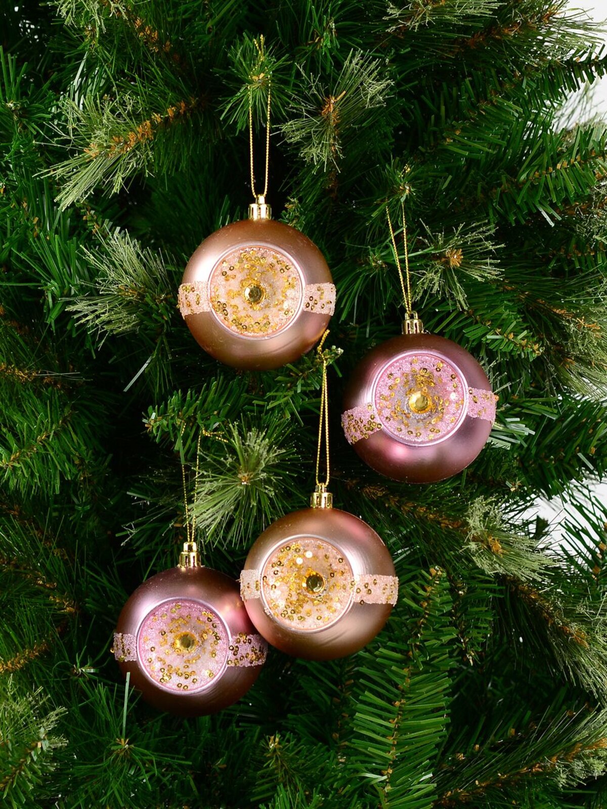 Matte Pink Baubles With Concave Side, Sequins & Frost Look Stripe - 4 x 80mm — image 4