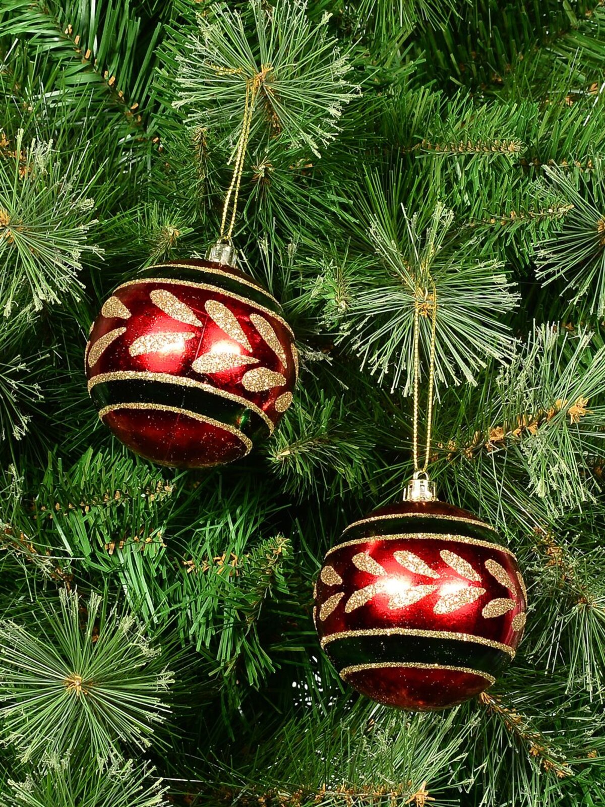 Metallic Red Christmas Baubles With Gold Glitter & Green Patterns - 4 x 80mm — image 3