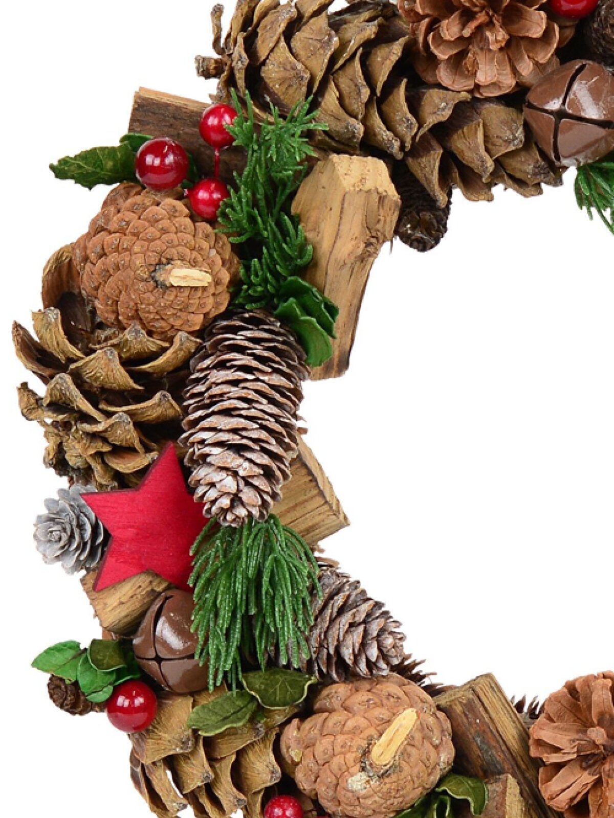 Natural Christmas Wreath With Pine Cones, Stars, Wood Chunks & Bells - 31cm — image 3