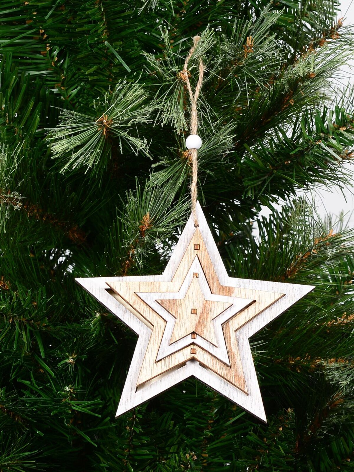 Natural & White Layered Wood Star Christmas Tree Hanging Decoration - 15cm — image 3
