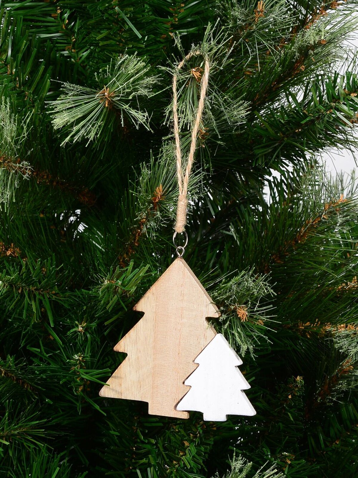 Natural & White Wooden Christmas Trees Hanging Decoration - 10cm