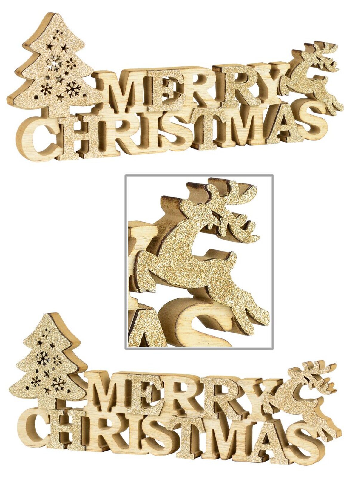 Natural Wood Merry Christmas with Champagne Glittered Tree &amp; Deer - 35cm