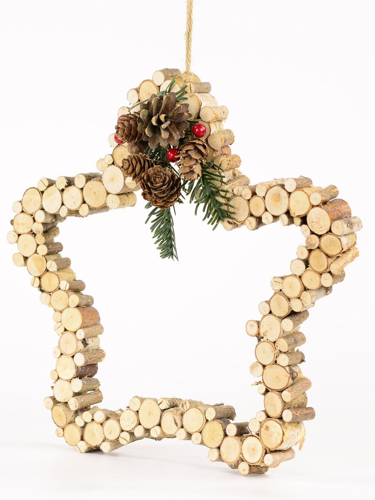 Natural Wooden Star Hanging Ornament With Pine Cones & Berries - 30cm