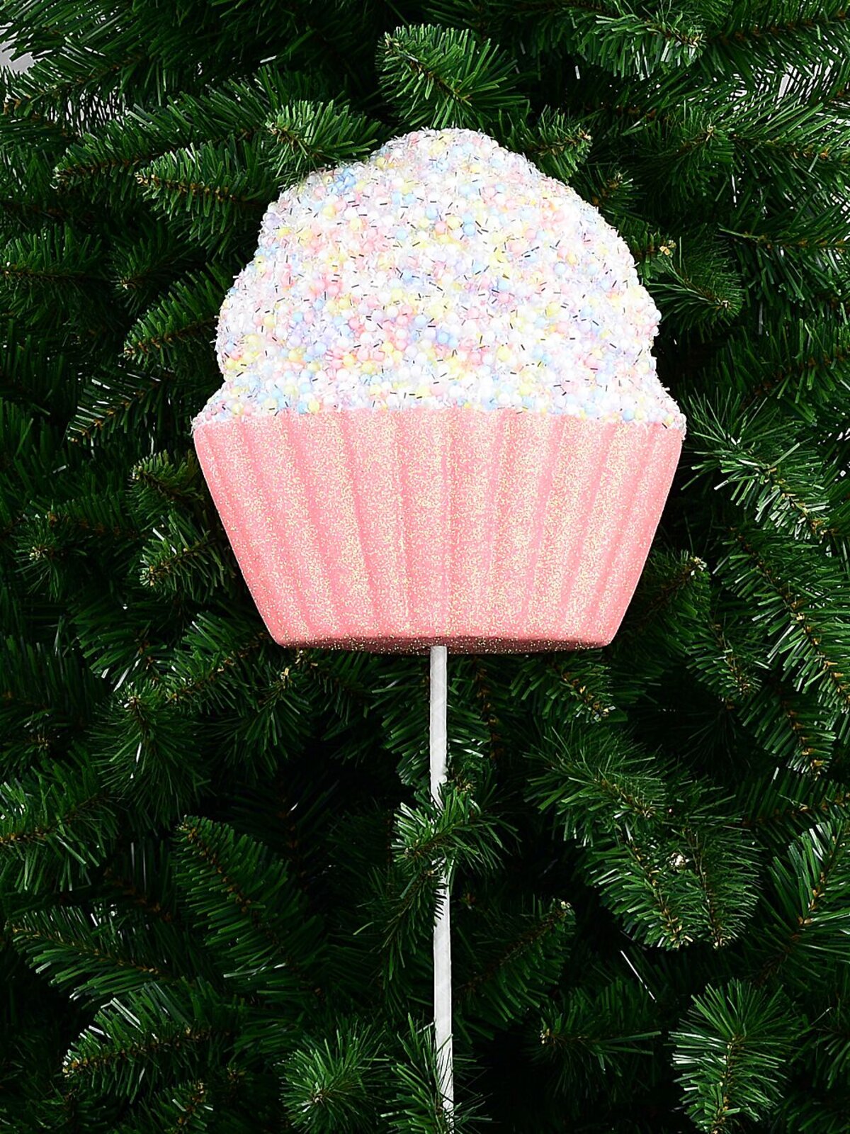 Pink Cupcake With Pastel Sprinkles & Silver Tinsel Long Christmas Stem | 71cm — image 6