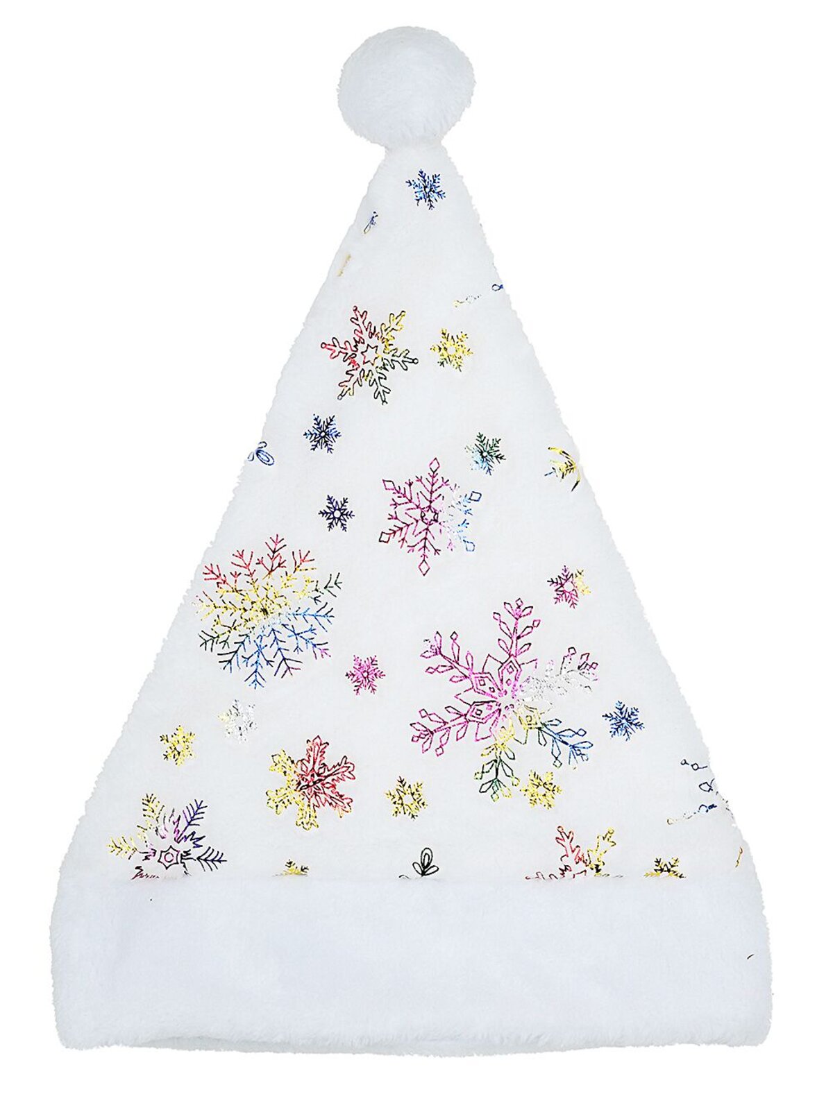 Plush White Santa Hat Metallic Rainbow Snowflakes | One Size Fits Most — image 2