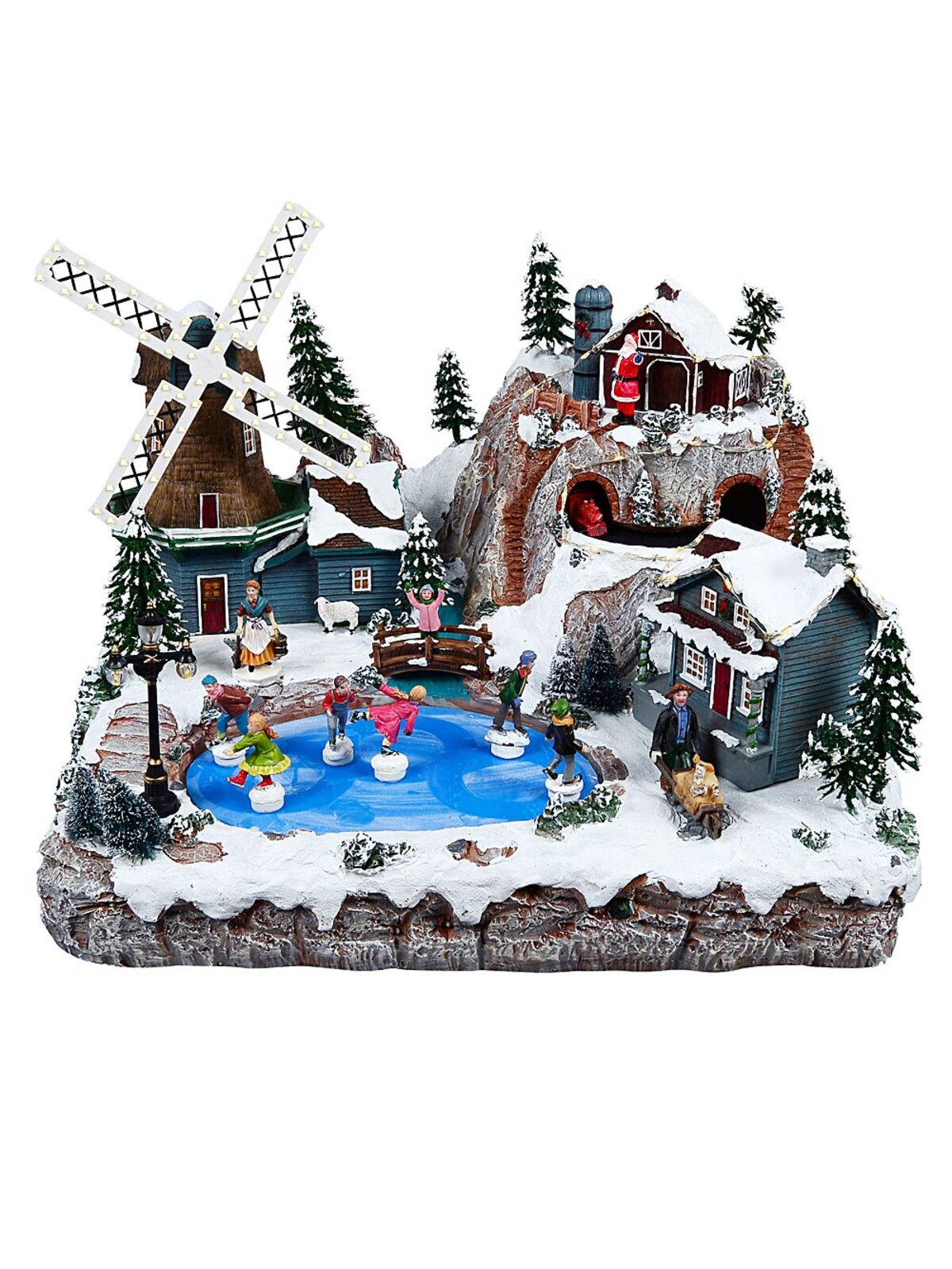 Pond Ice Skating, Windmill & Mountain With Train Christmas Village Scene - 48cm — image 2