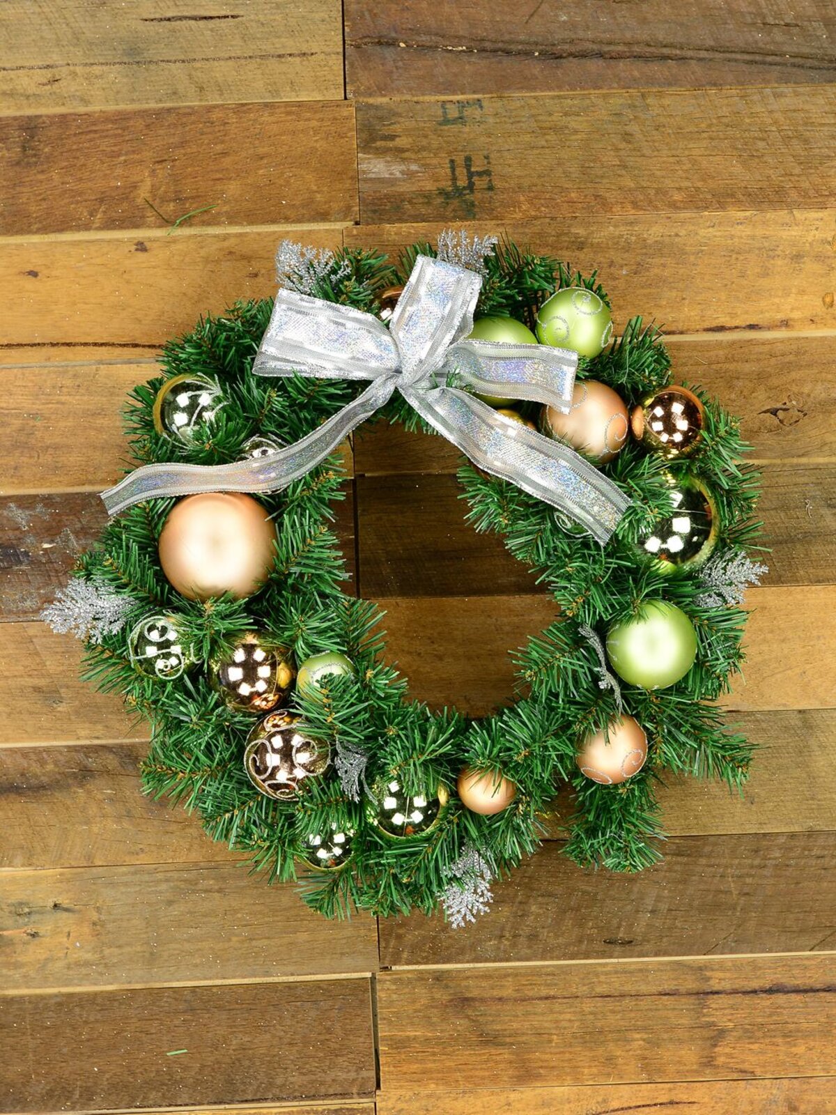 Pre-Decorated Antique Mint & Antique Rose Baubles Pine Wreath - 44cm