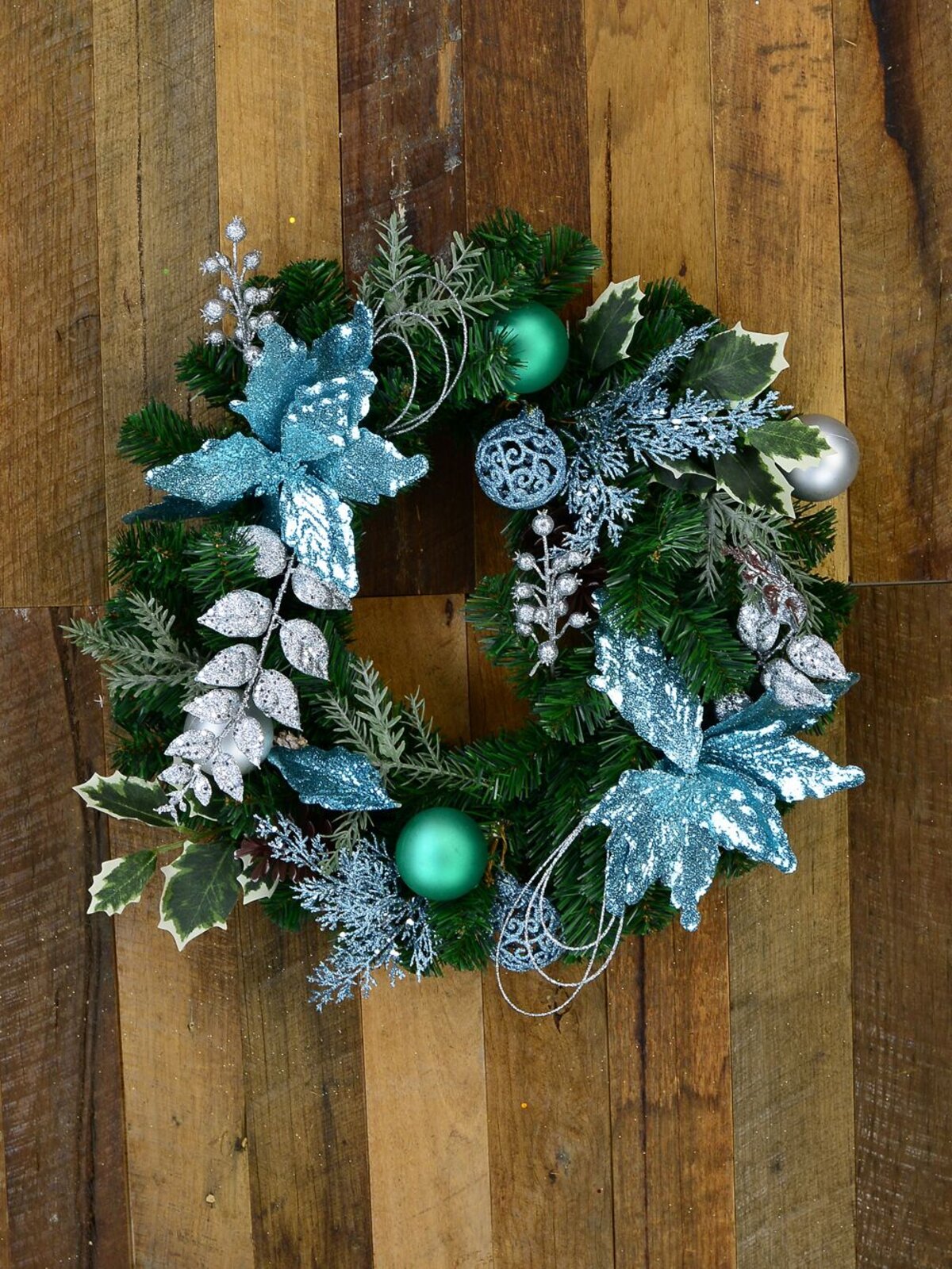 Pre-Decorated Blue Poinsettia, Pine Cone, Foliage & Baubles Pine Wreath - 45cm