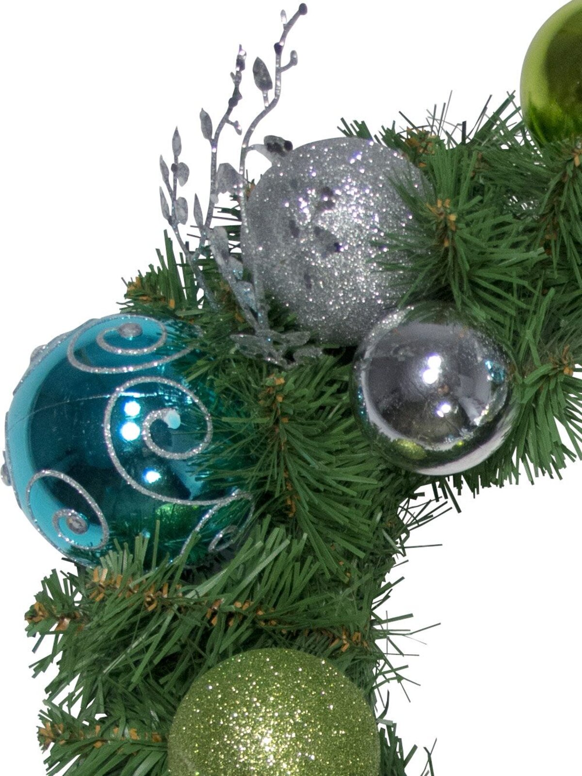 Pre-Decorated Lime, Silver & Turquoise Bauble & Pine Wreath - 38cm — image 2