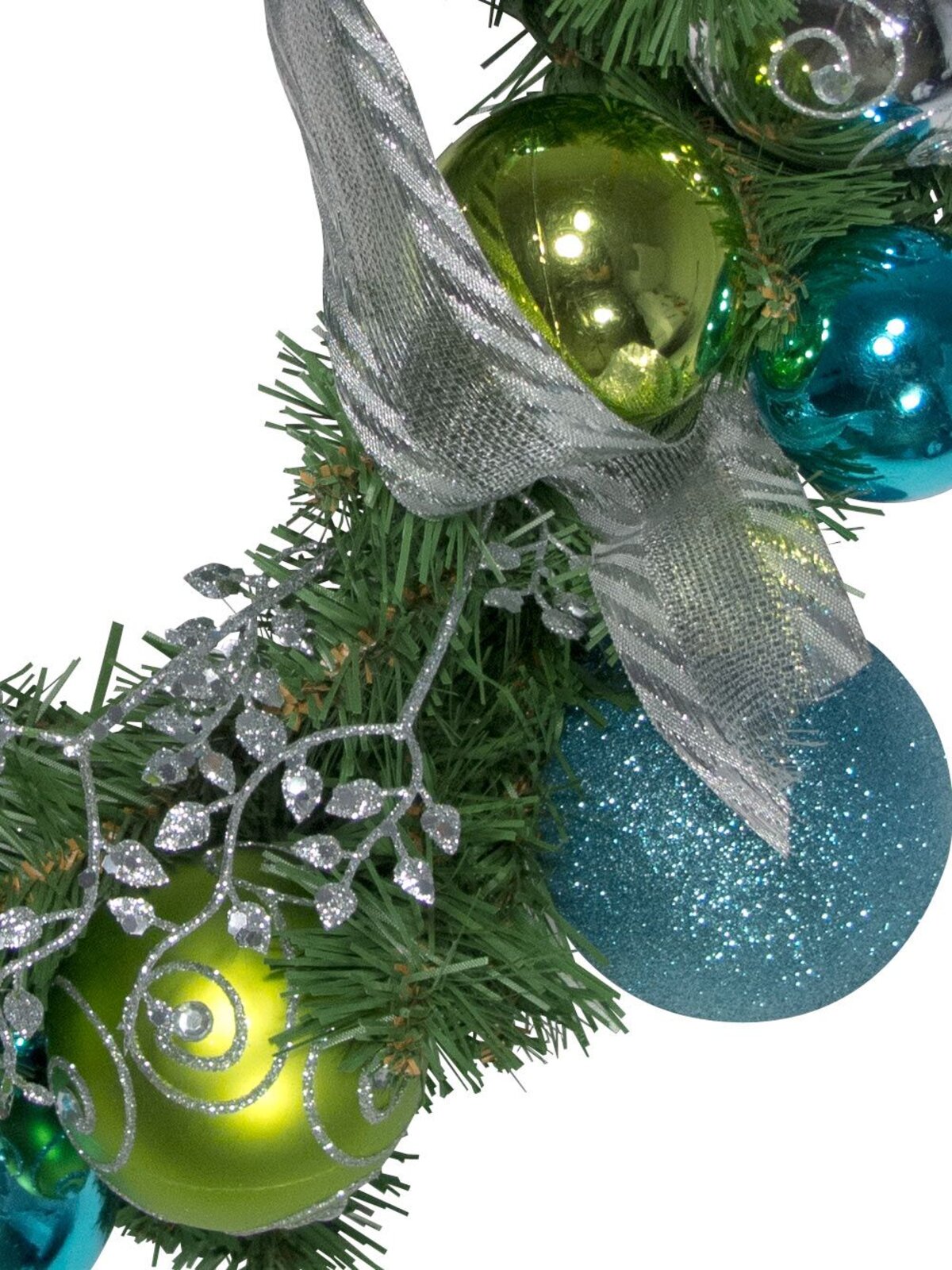 Pre-Decorated Lime, Silver & Turquoise Bauble & Pine Wreath - 38cm — image 5