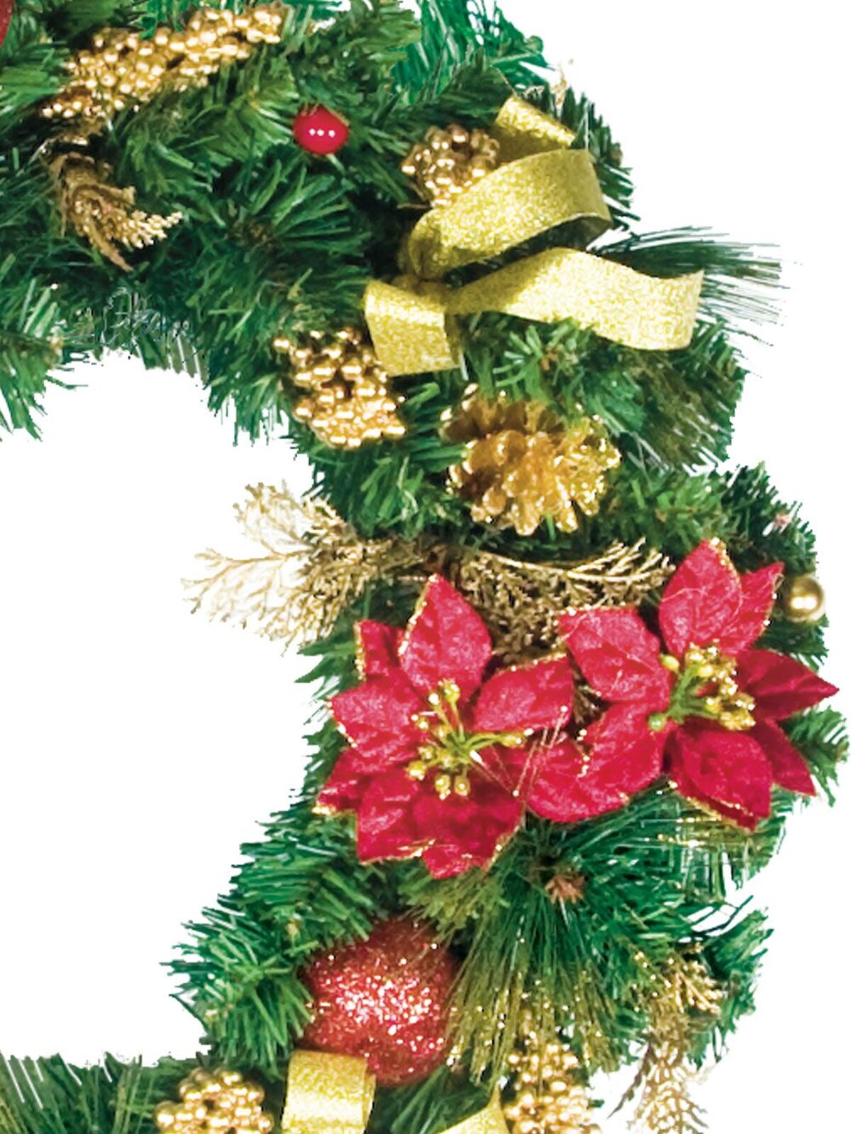 Pre-Decorated Red & Gold Pine Wreath With Poinsettia & Decorations - 44cm