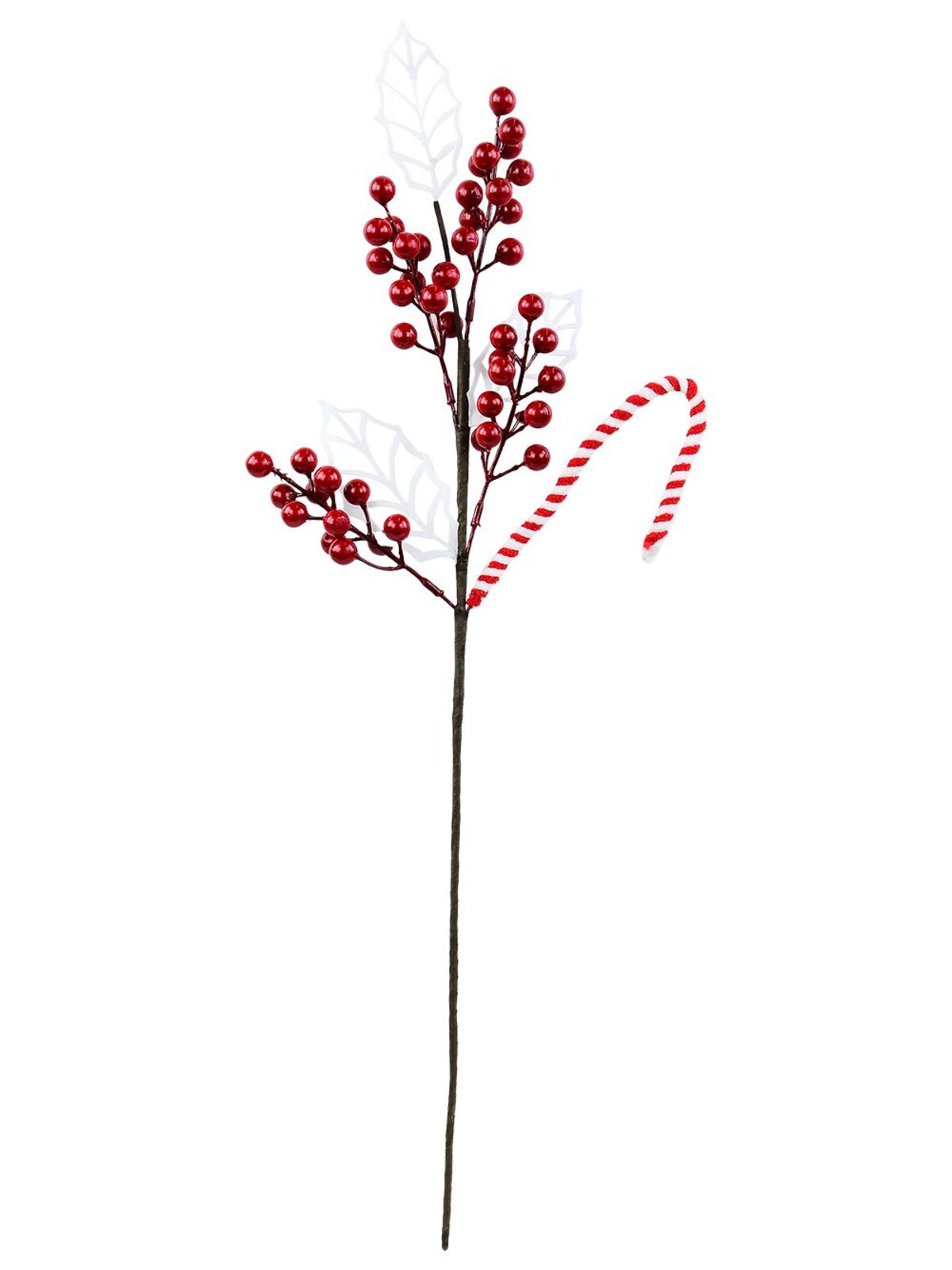 Red Berries White Leaves & A Candy Cane Spray Long Christmas Stem | 64cm — image 3