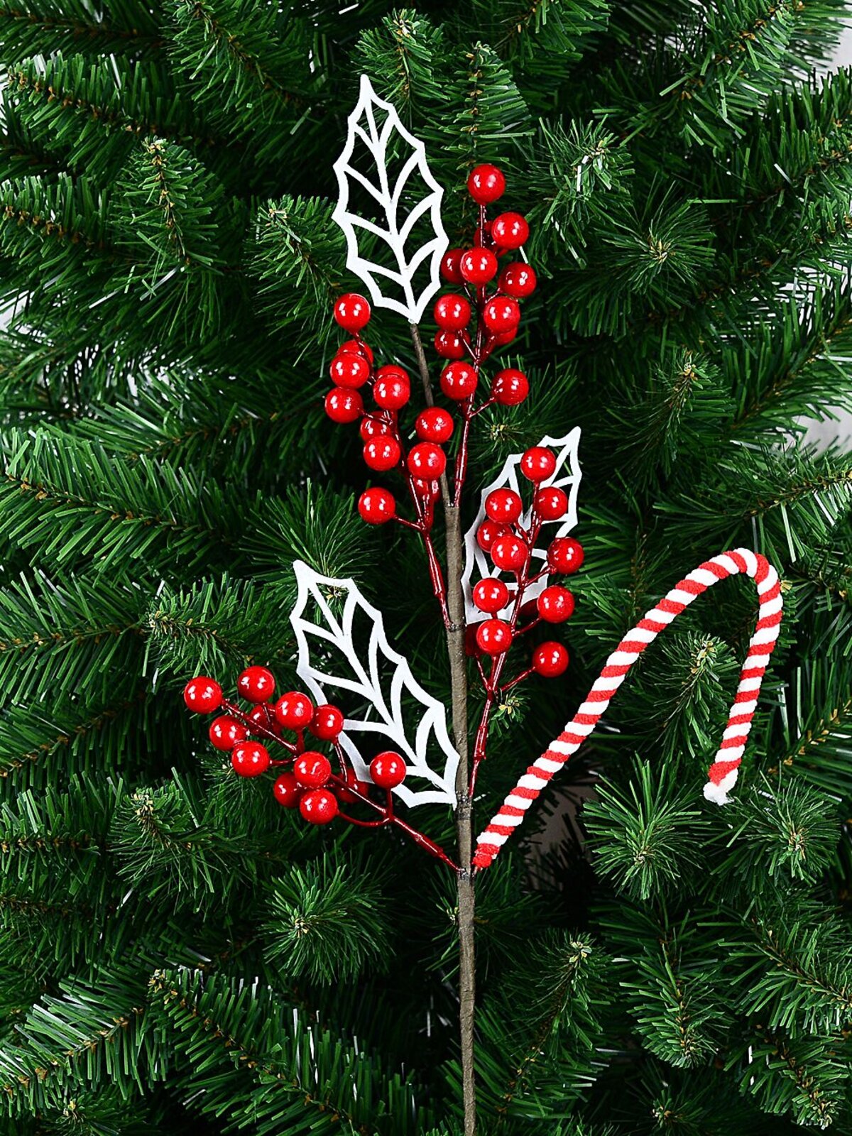 Red Berries White Leaves & A Candy Cane Spray Long Christmas Stem | 64cm — image 2