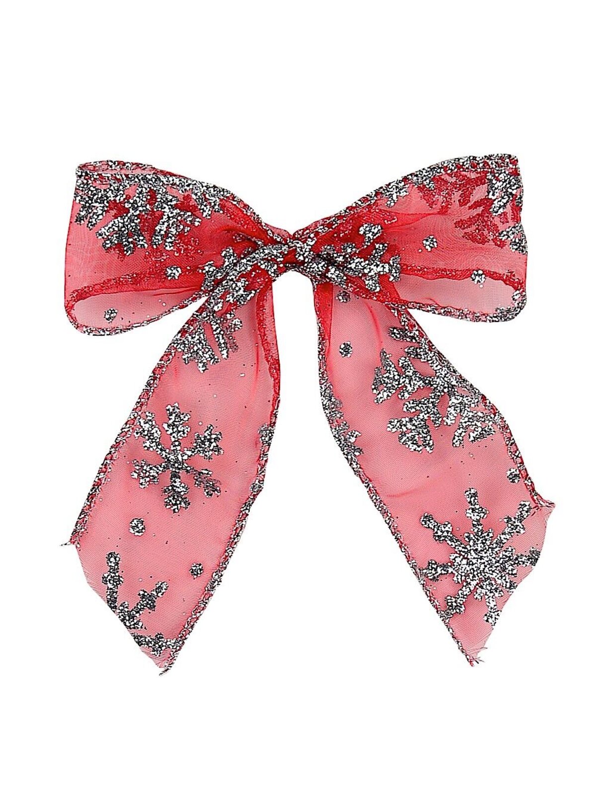 Red Christmas Tree Bow Decorations With Silver Glitter Snowflakes - 6 x 12cm